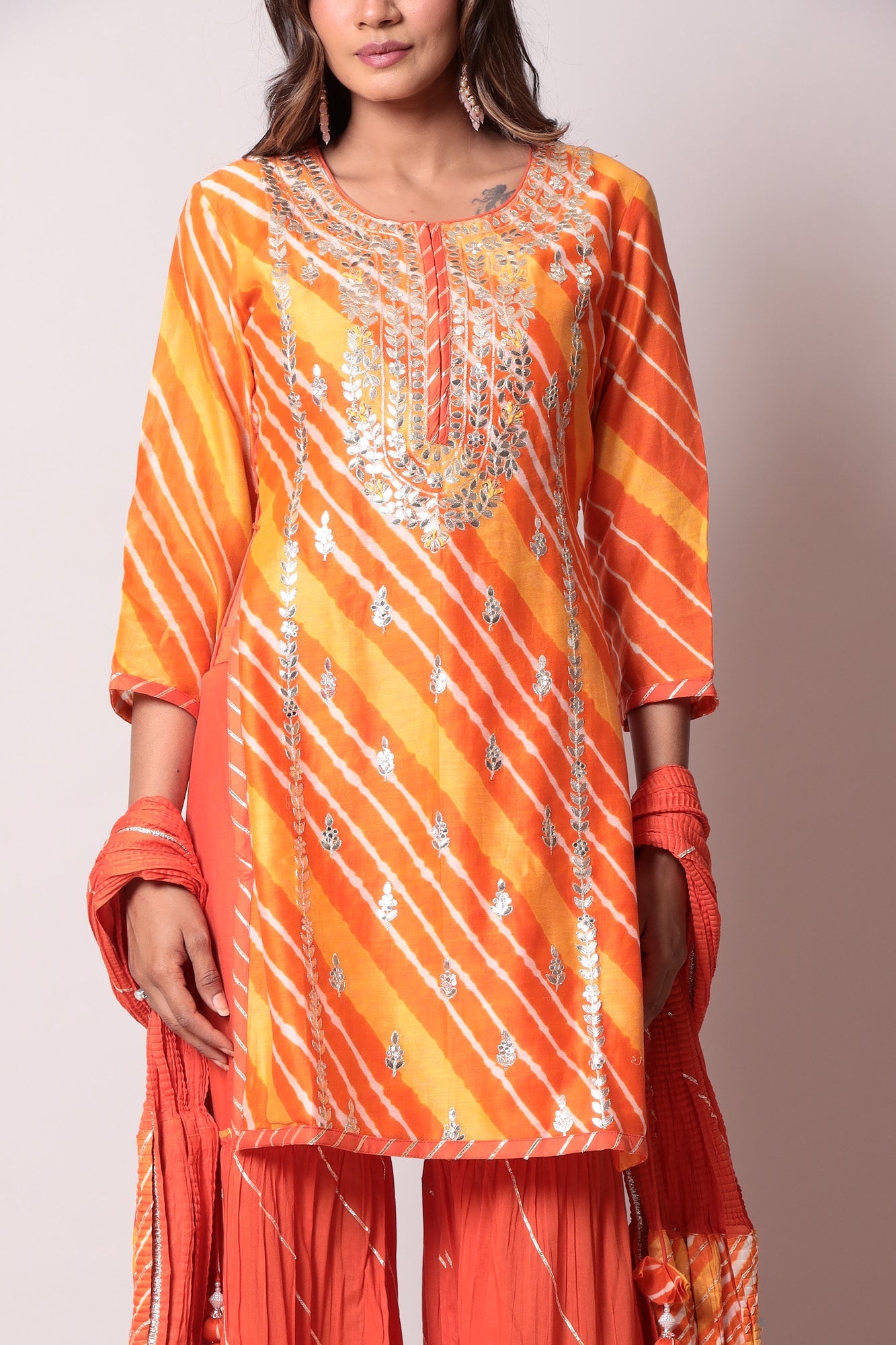 Leheriya Cotton Silk Sharara Suit with Gota Patti Work.