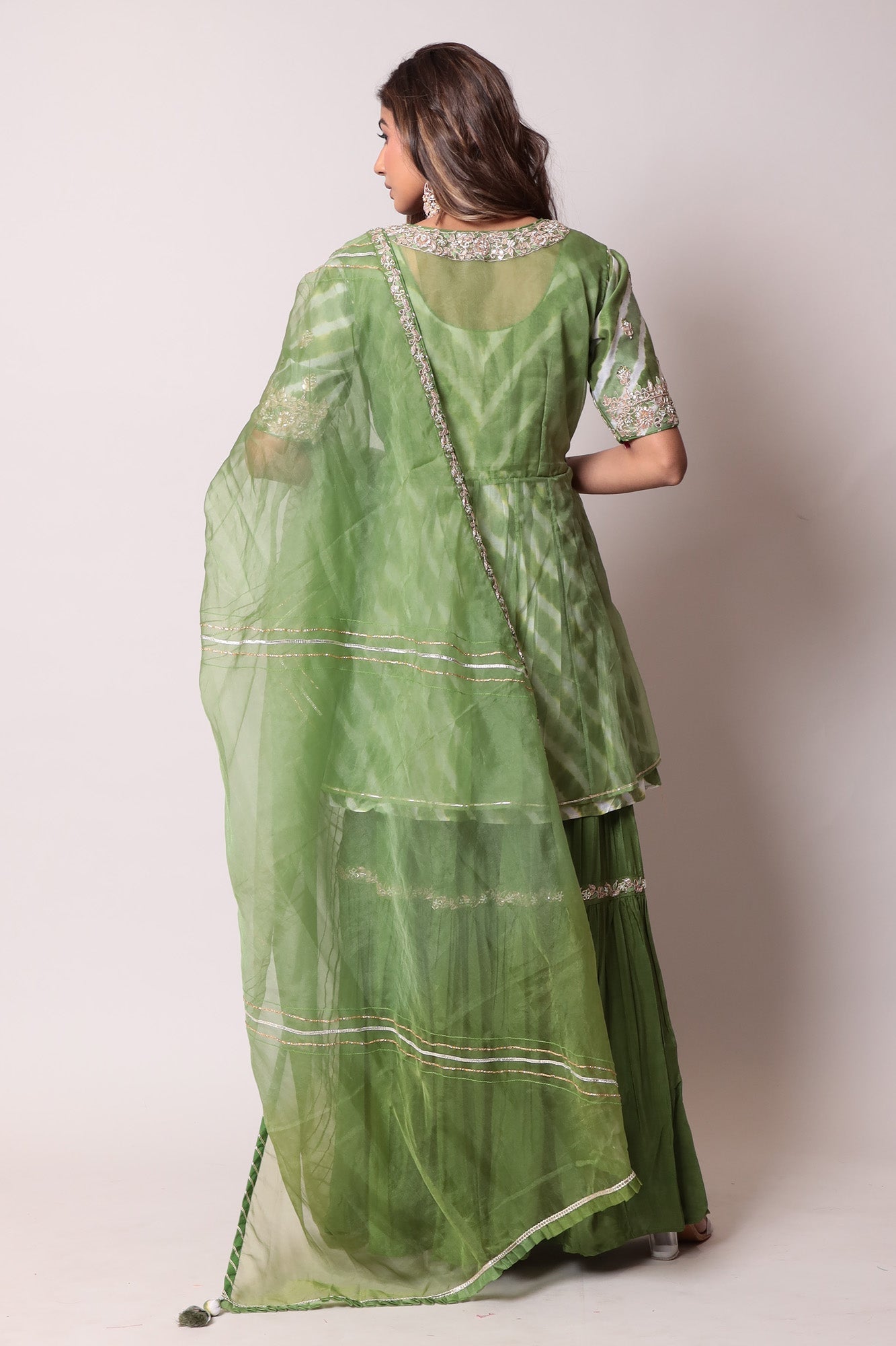 Leheriya Kurta with Organza Peplum Jacket With Sharara Set