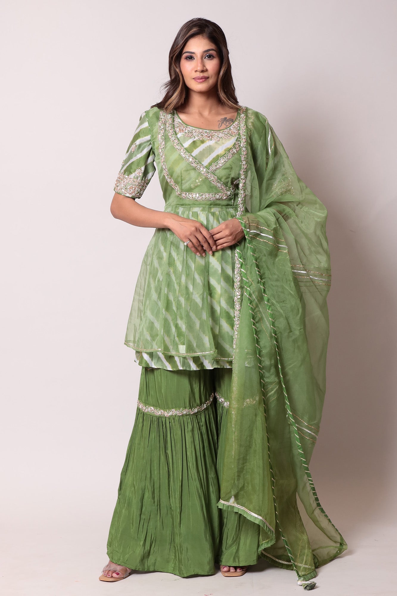 Leheriya Kurta with Organza Peplum Jacket With Sharara Set