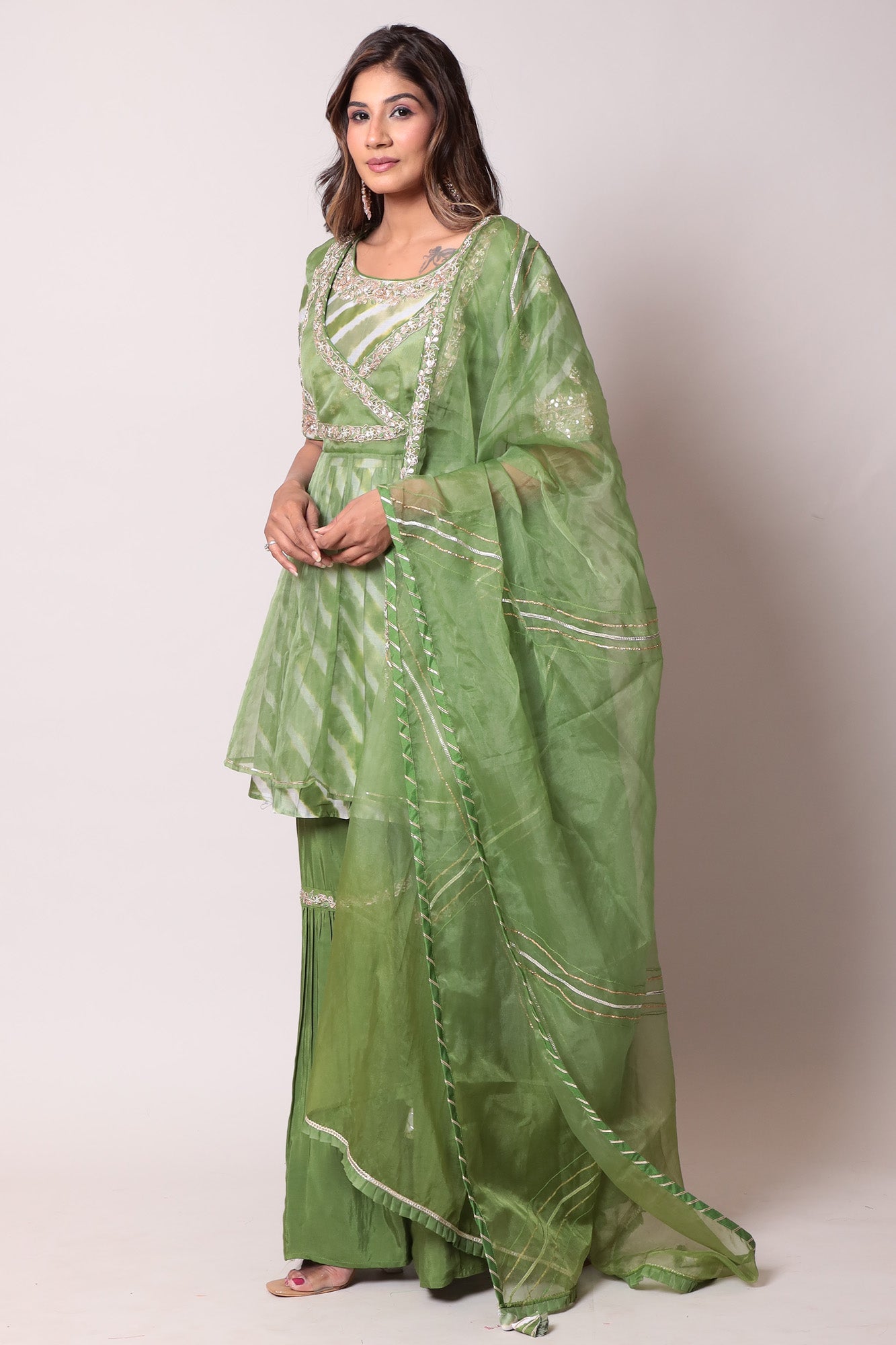 Leheriya Kurta with Organza Peplum Jacket With Sharara Set