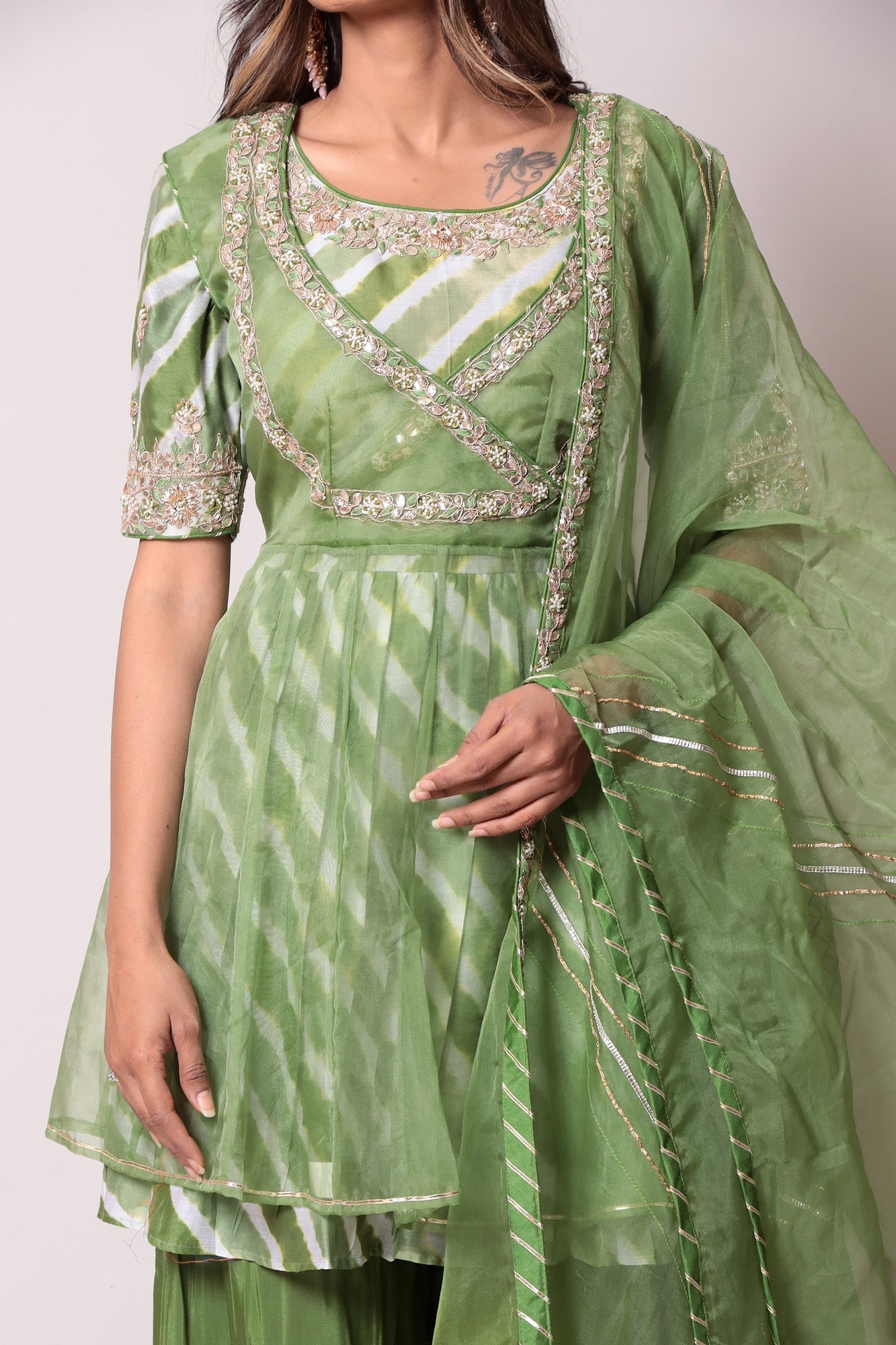 Leheriya Kurta with Organza Peplum Jacket With Sharara Set