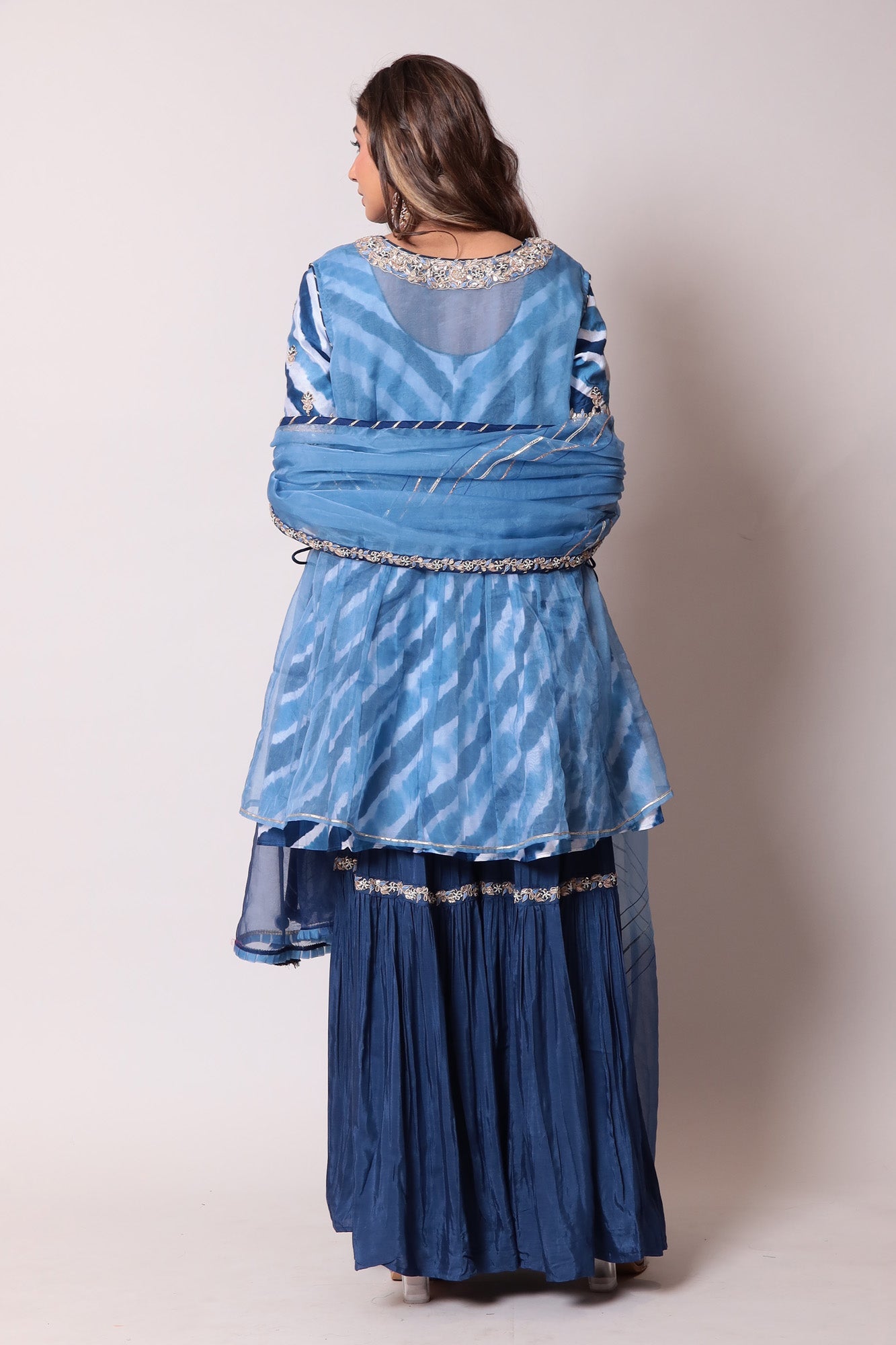 Leheriya Kurta with Organza Peplum Jacket With Sharara Set