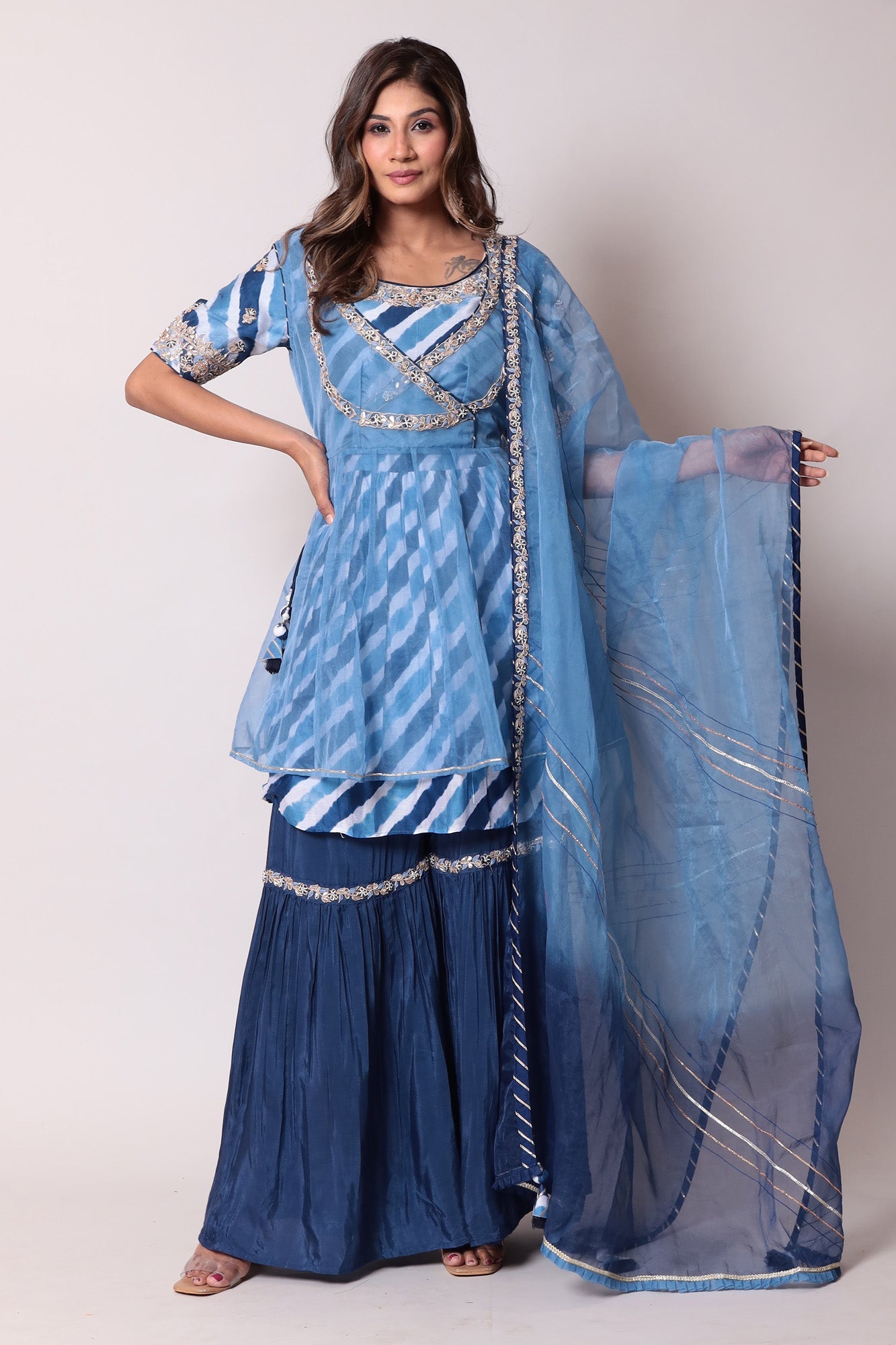 Leheriya Kurta with Organza Peplum Jacket With Sharara Set