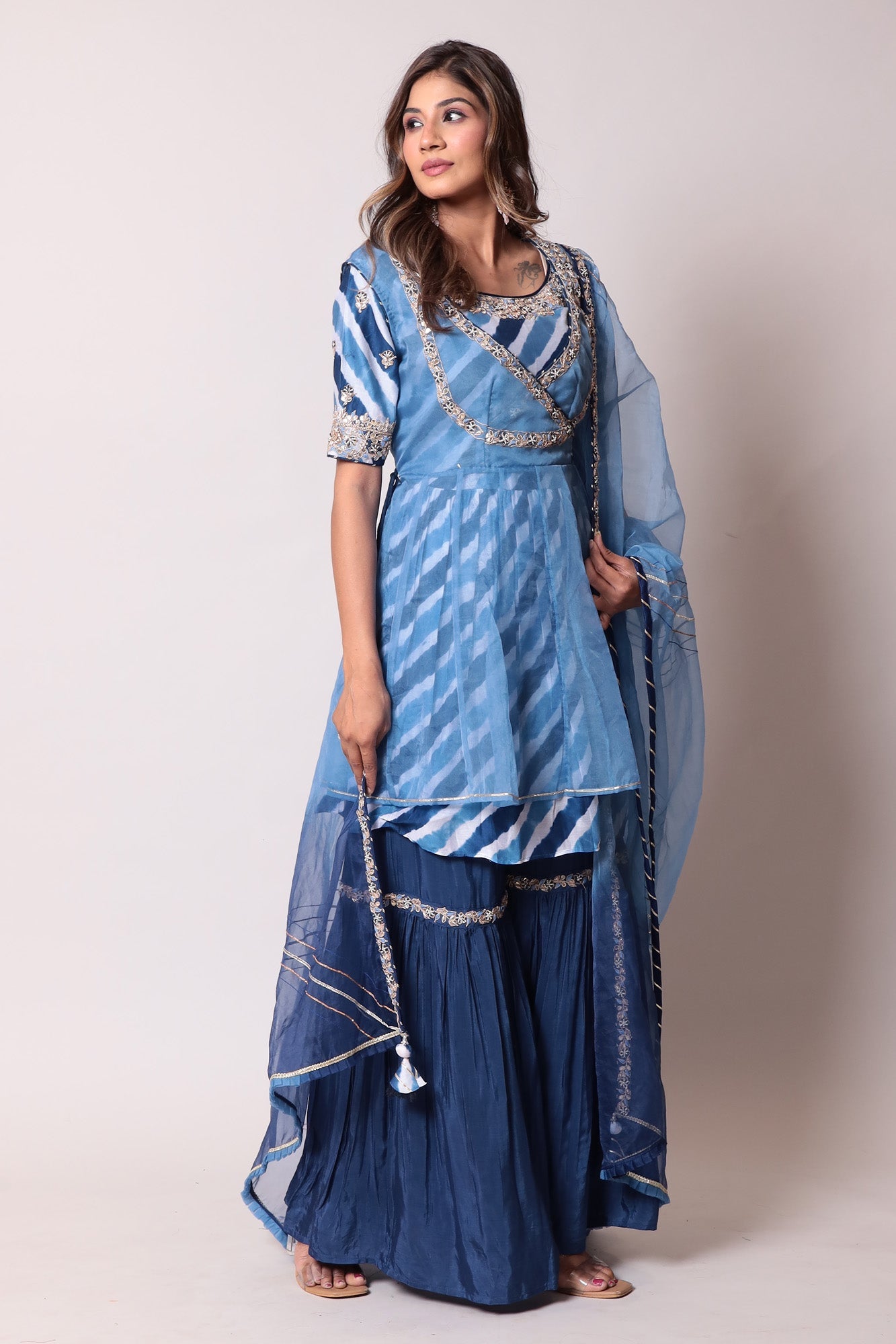 Leheriya Kurta with Organza Peplum Jacket With Sharara Set