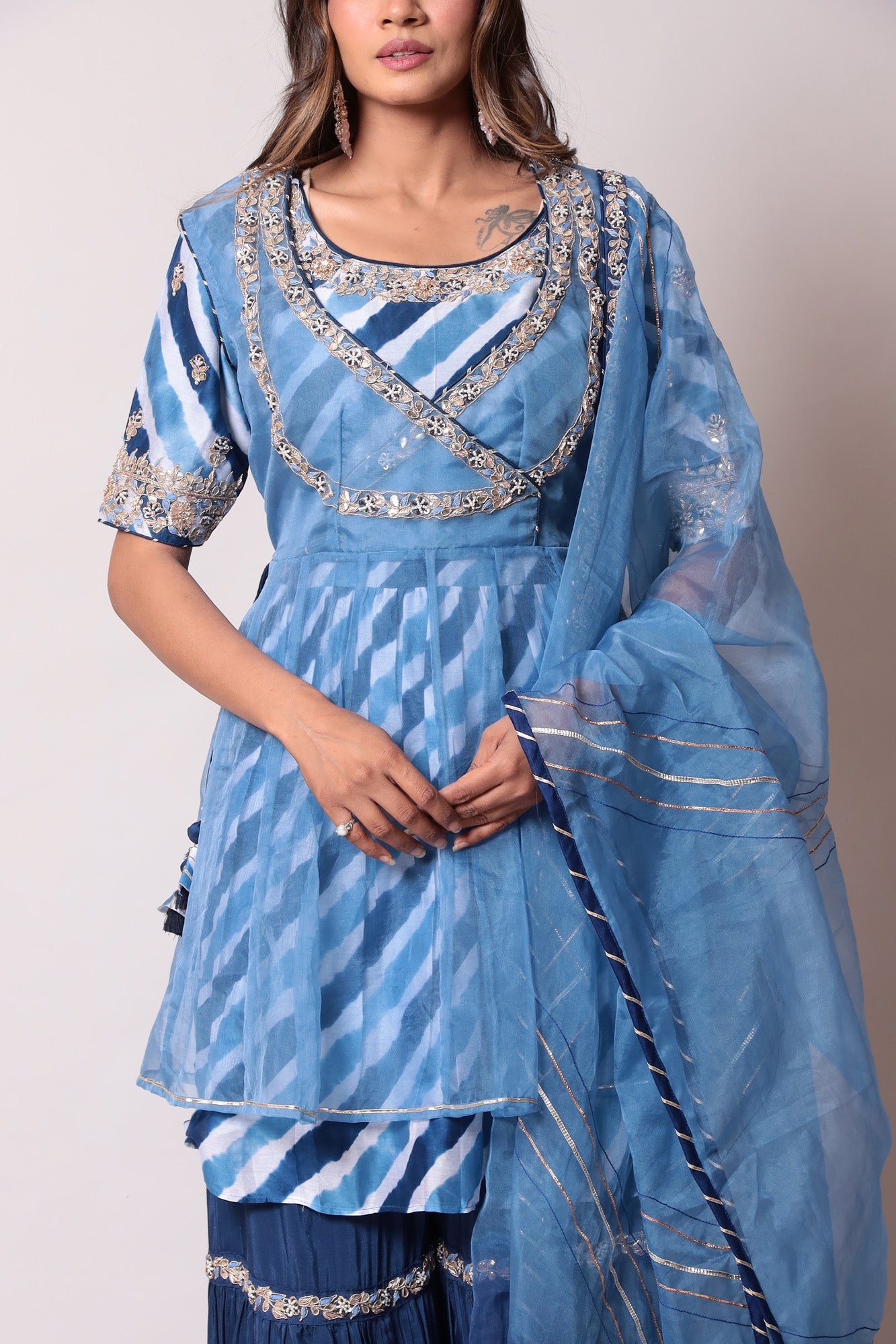 Leheriya Kurta with Organza Peplum Jacket With Sharara Set