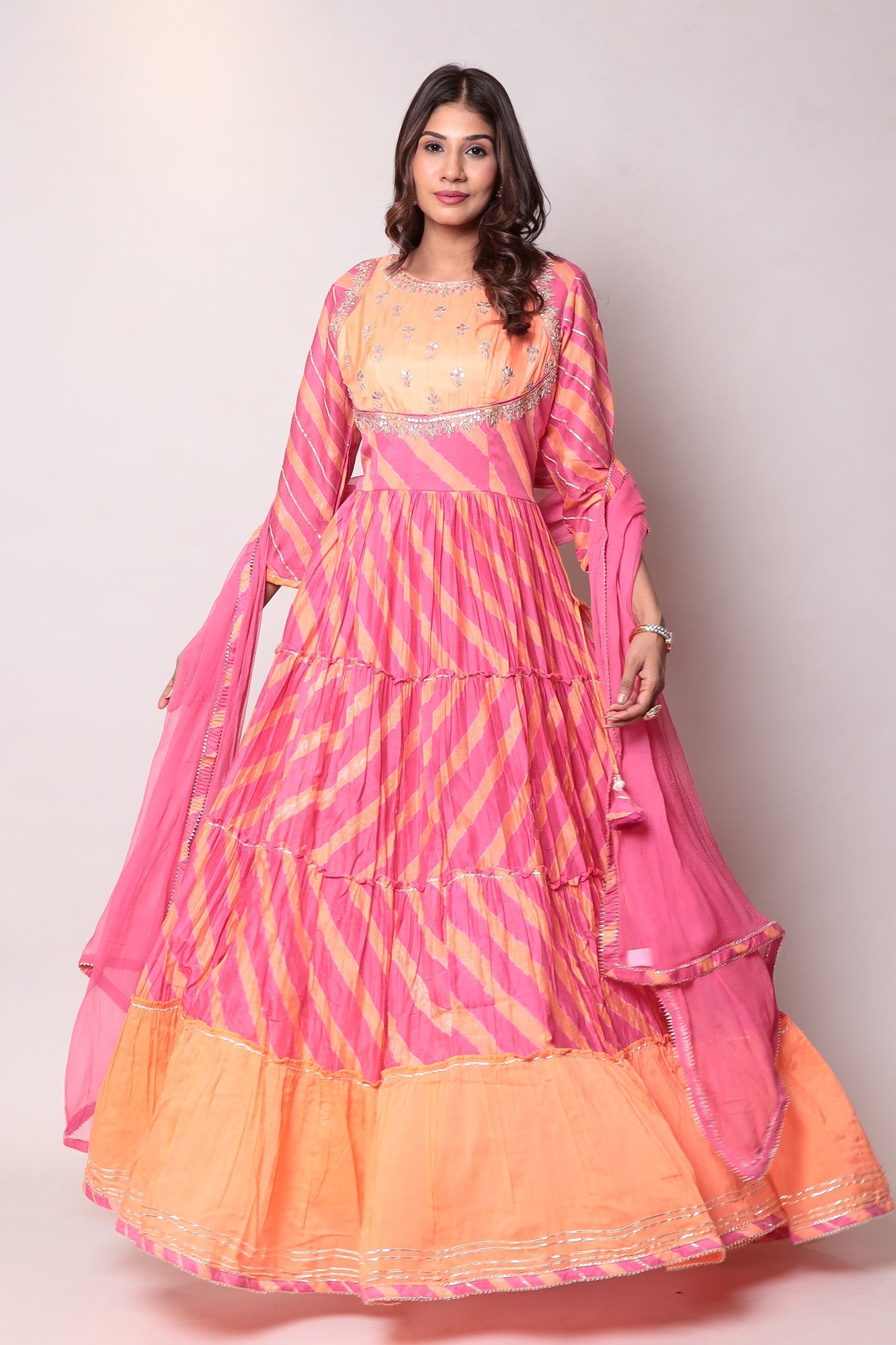 Leheriya Anarkali Chanderi Suit with Gota Patti work.