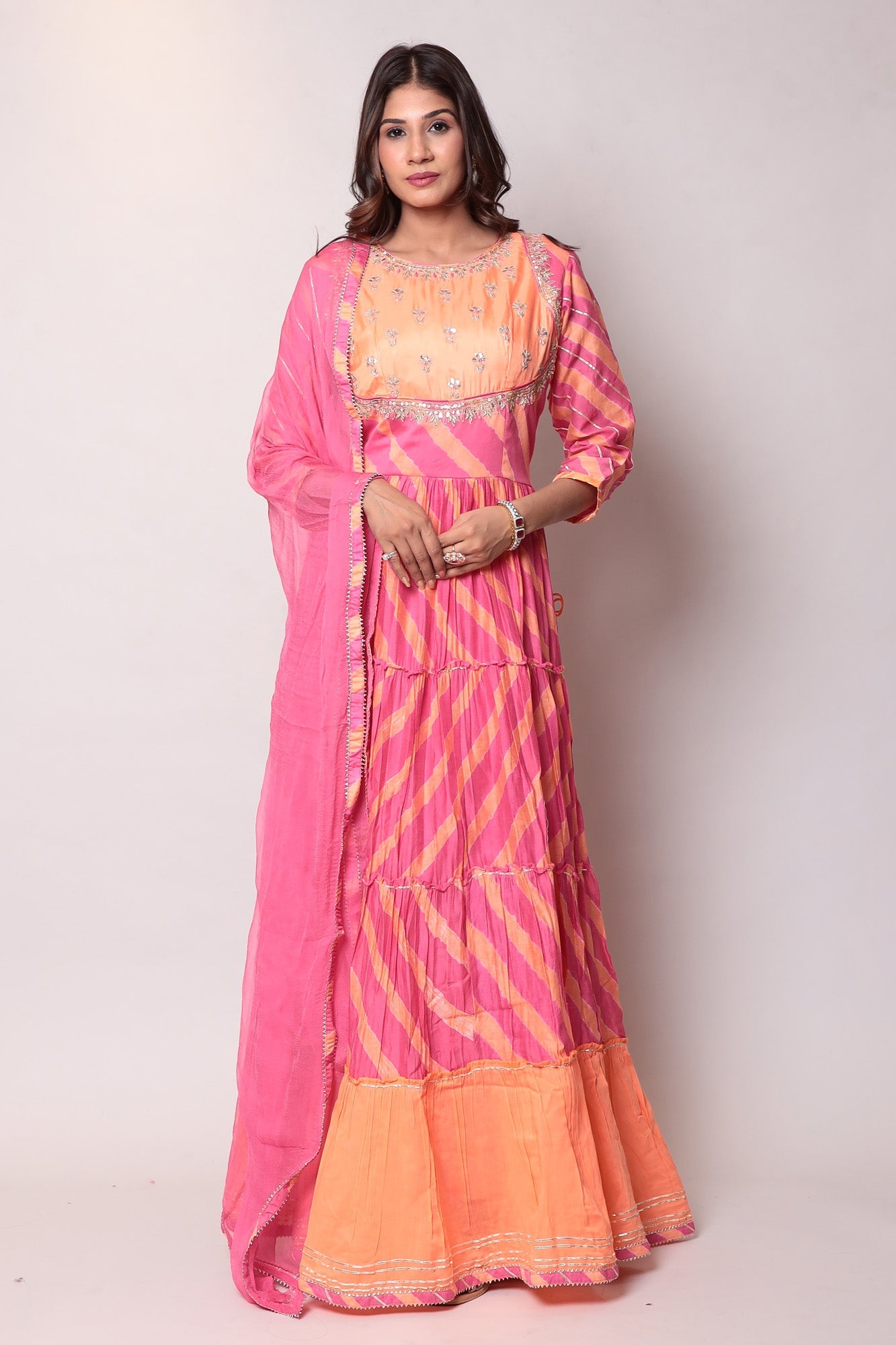 Leheriya Anarkali Chanderi Suit with Gota Patti work.