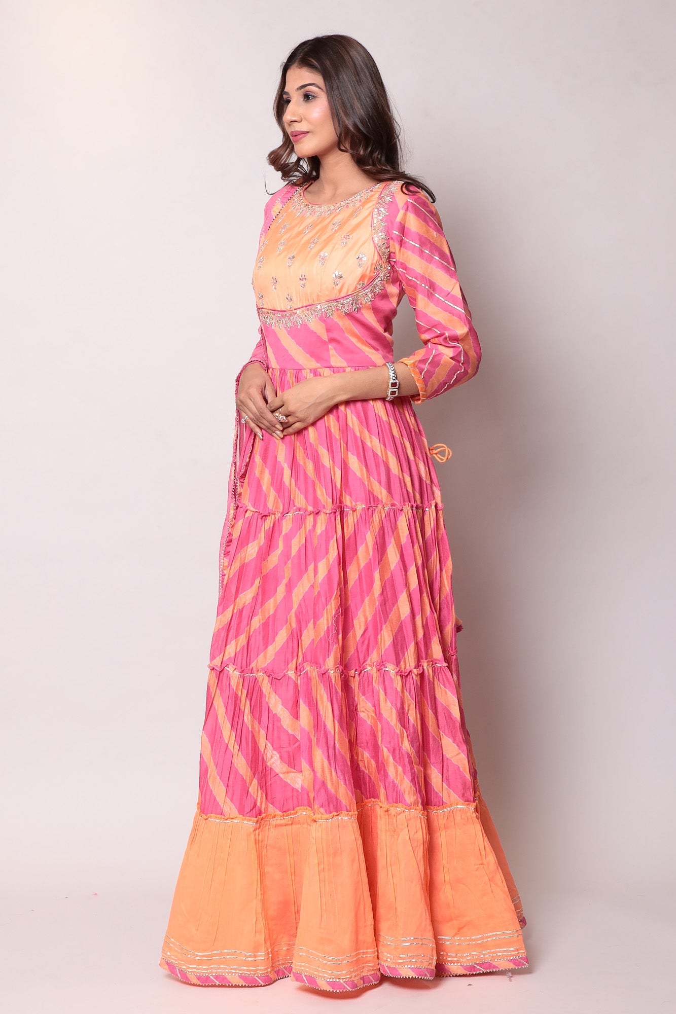Leheriya Anarkali Chanderi Suit with Gota Patti work.