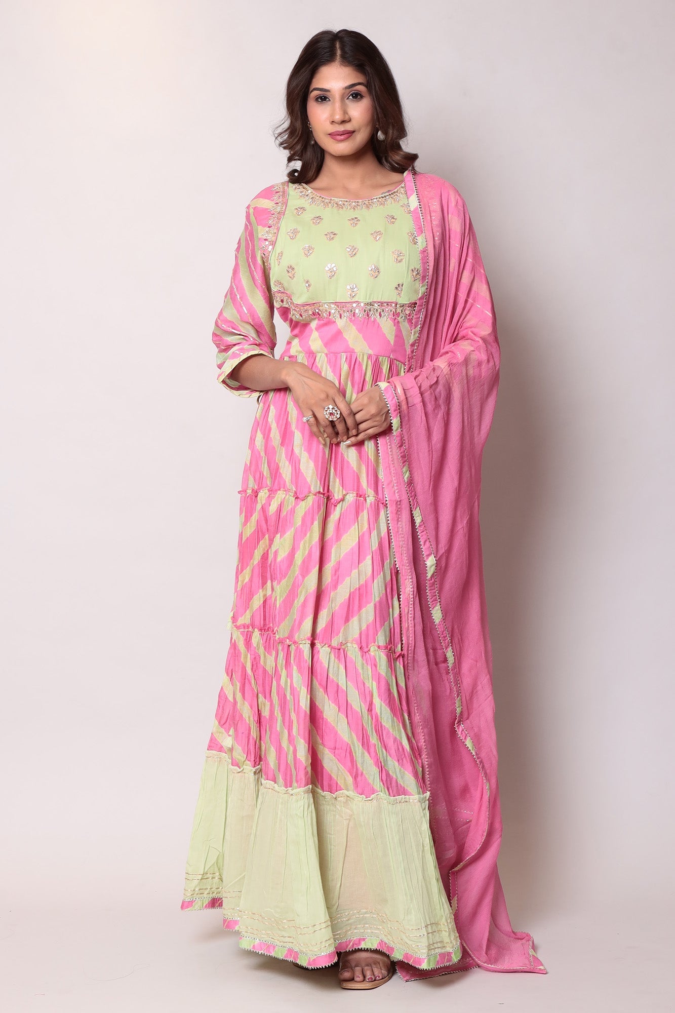 Leheriya Anarkali Chanderi Suit with Gota Patti work.