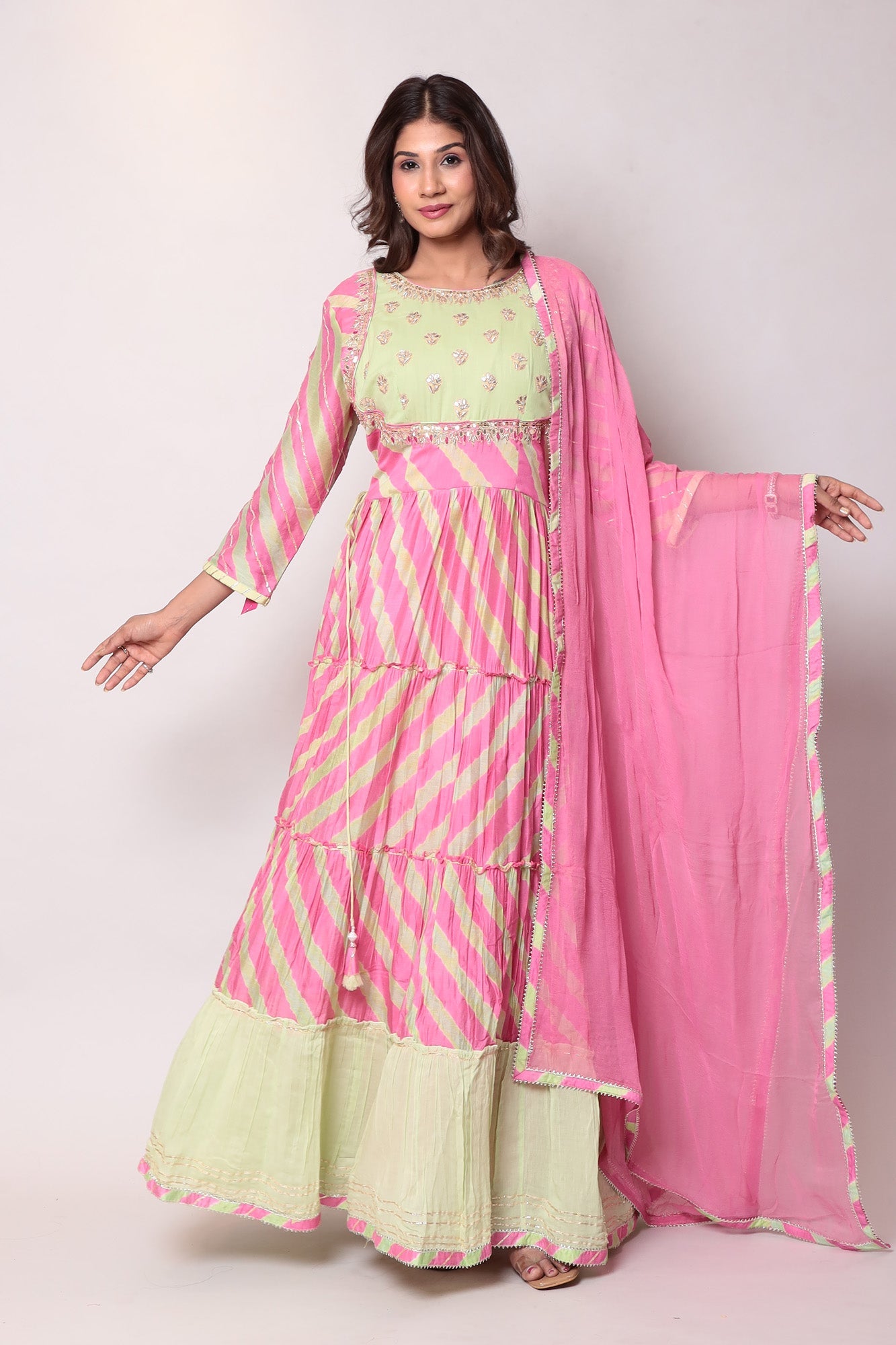 Leheriya Anarkali Chanderi Suit with Gota Patti work.