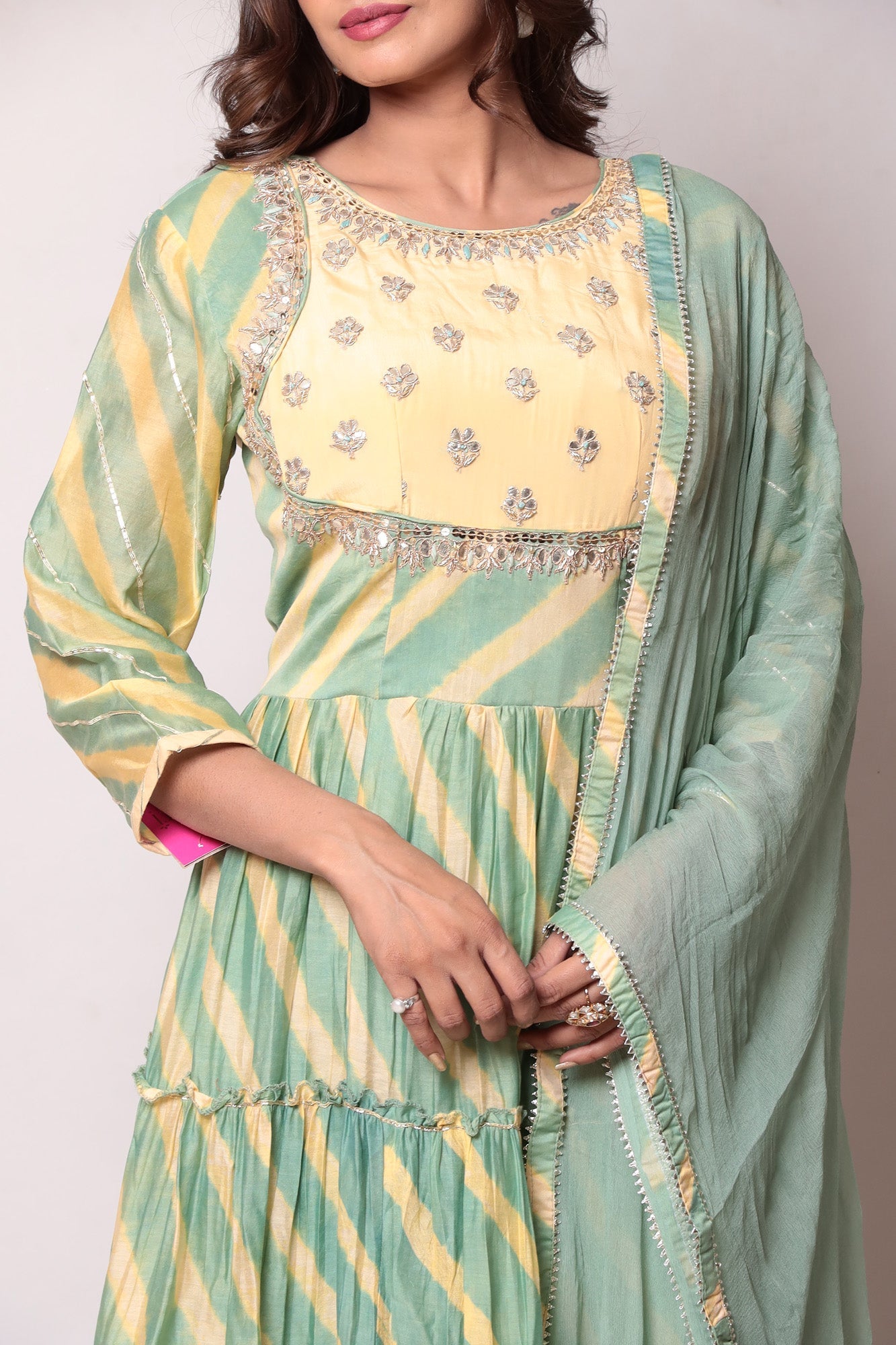 Leheriya Anarkali Chanderi Suit with Gota Patti work.