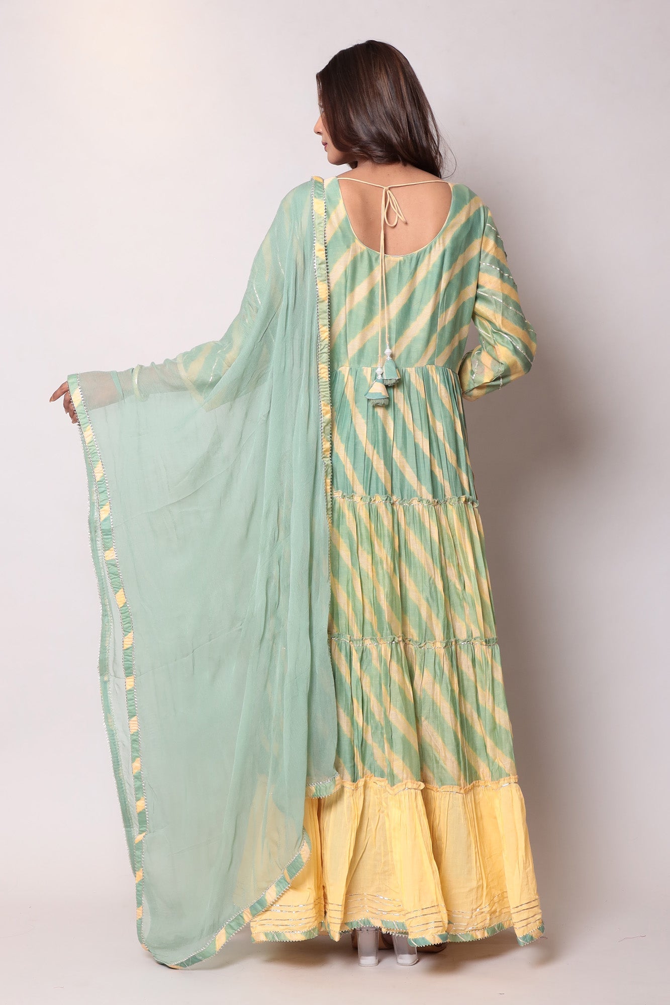 Leheriya Anarkali Chanderi Suit with Gota Patti work.
