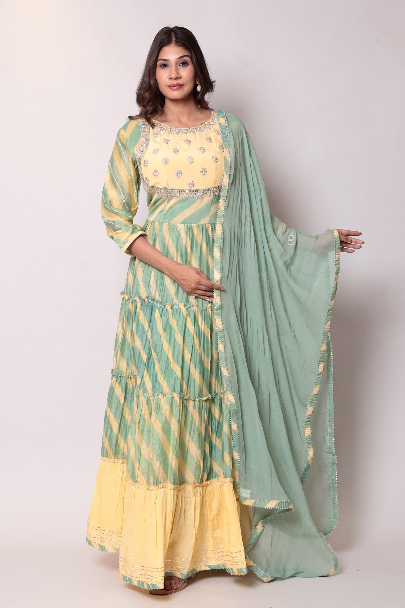 Leheriya Anarkali Chanderi Suit with Gota Patti work.