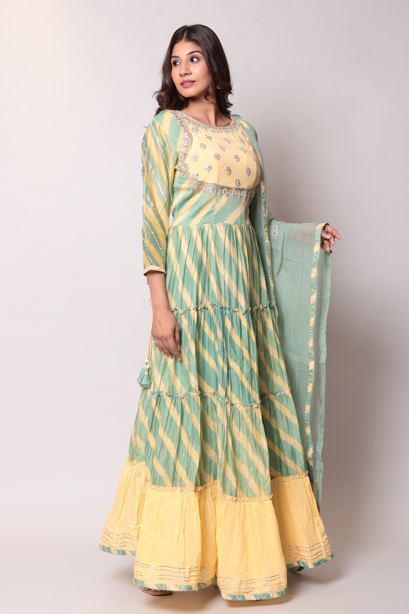 Leheriya Anarkali Chanderi Suit with Gota Patti work.