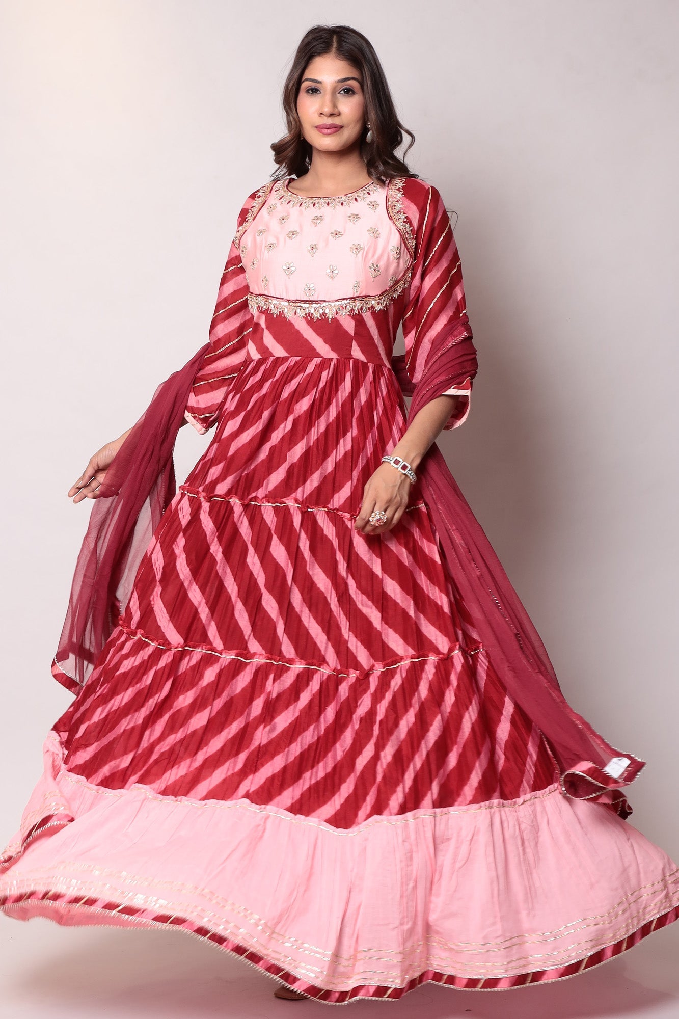Leheriya Anarkali Chanderi Suit with Gota Patti work.
