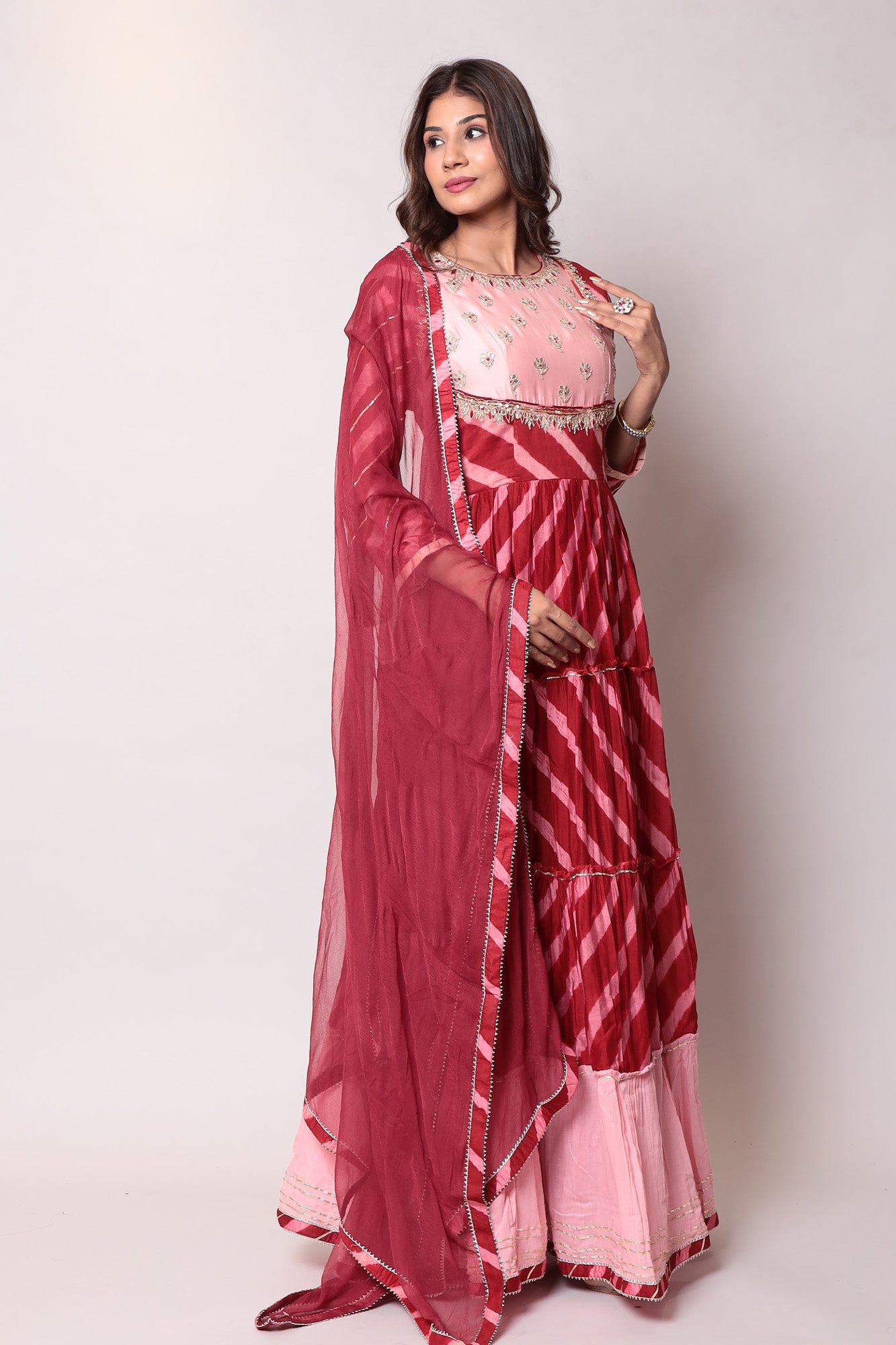 Leheriya Anarkali Chanderi Suit with Gota Patti work.