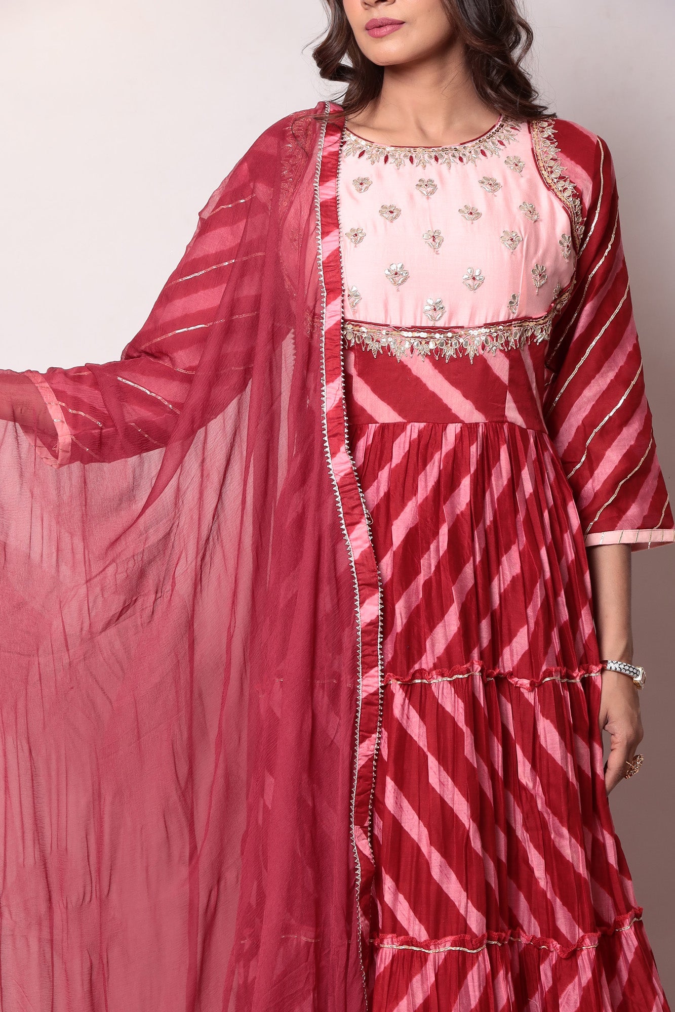 Leheriya Anarkali Chanderi Suit with Gota Patti work.
