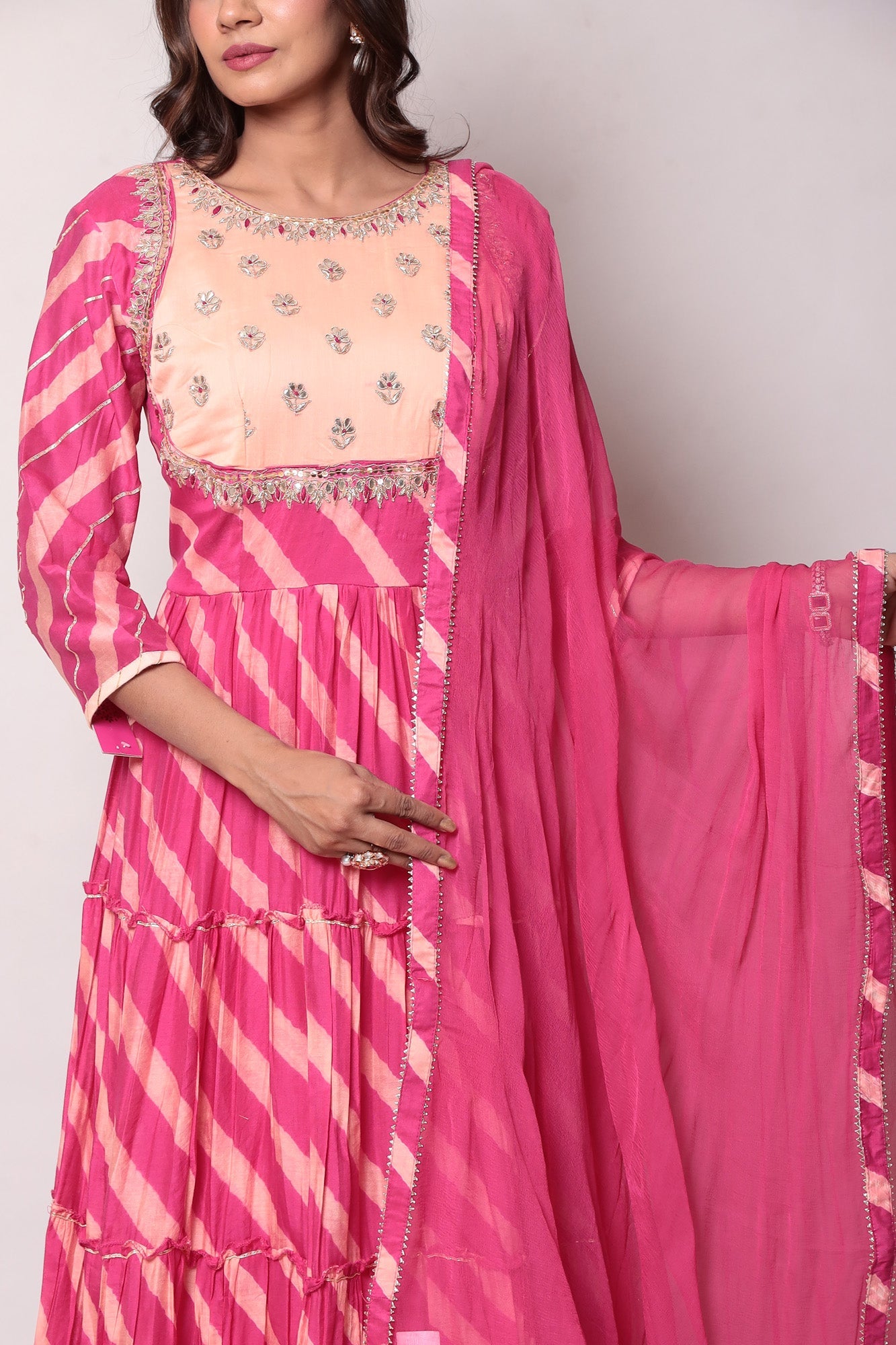 Leheriya Anarkali Chanderi Suit with Gota Patti work.