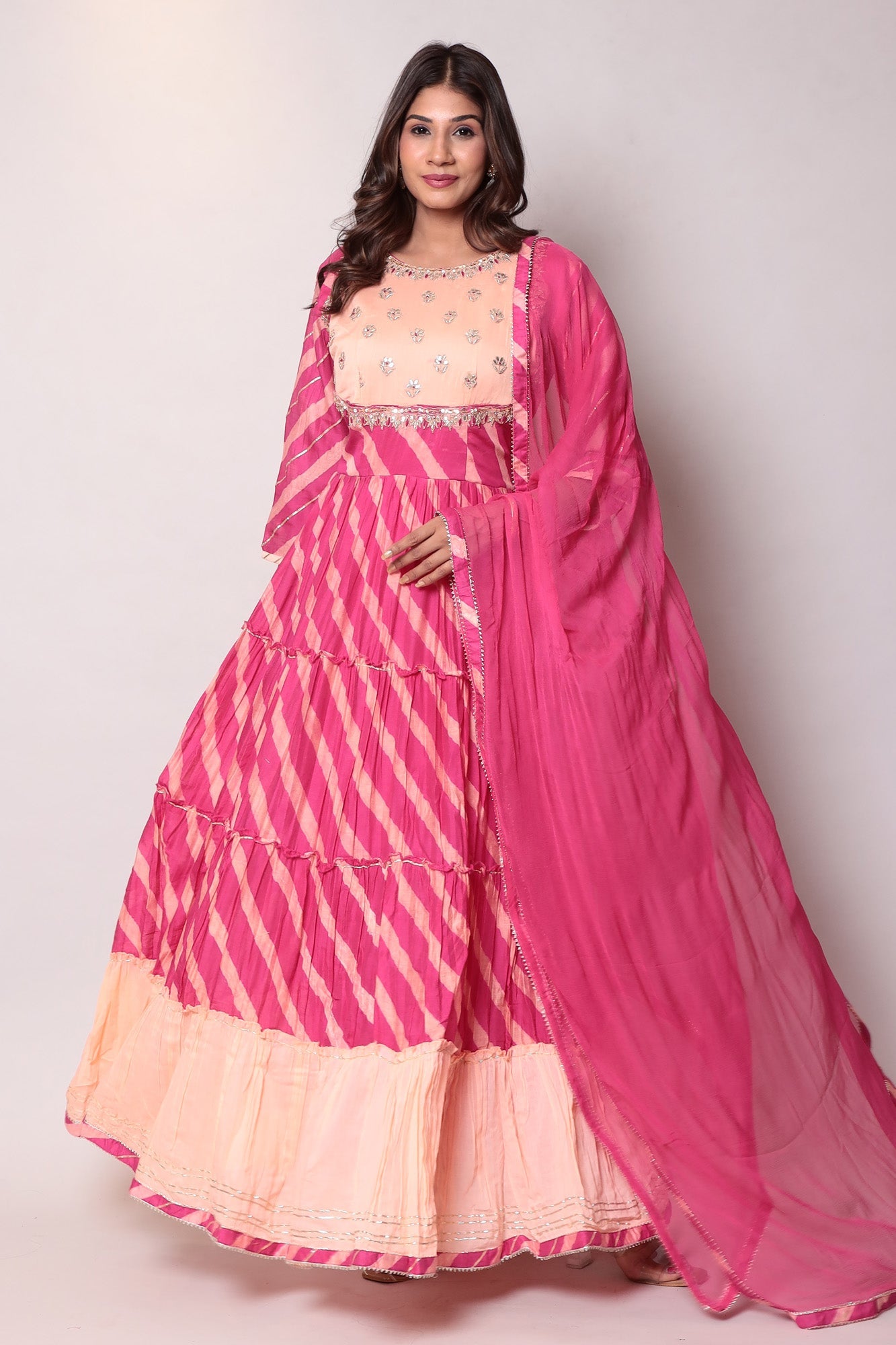 Leheriya Anarkali Chanderi Suit with Gota Patti work.