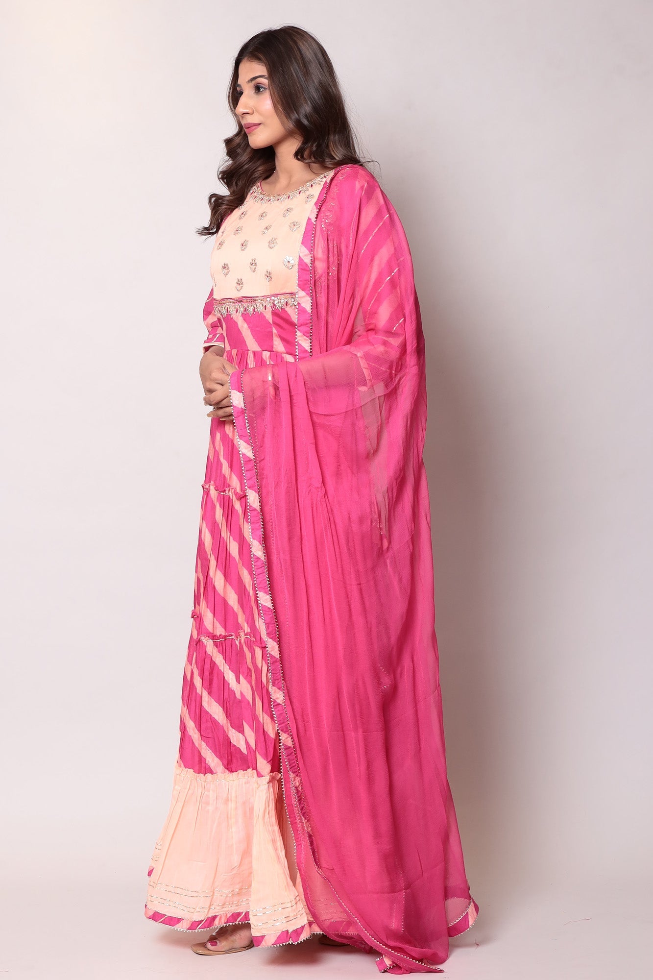 Leheriya Anarkali Chanderi Suit with Gota Patti work.