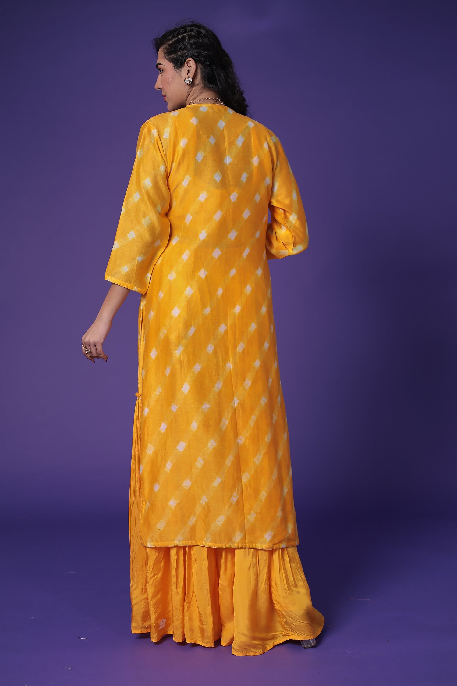 Leheriya Jacket Style Chanderi Indo Western with Embroidered Blouse