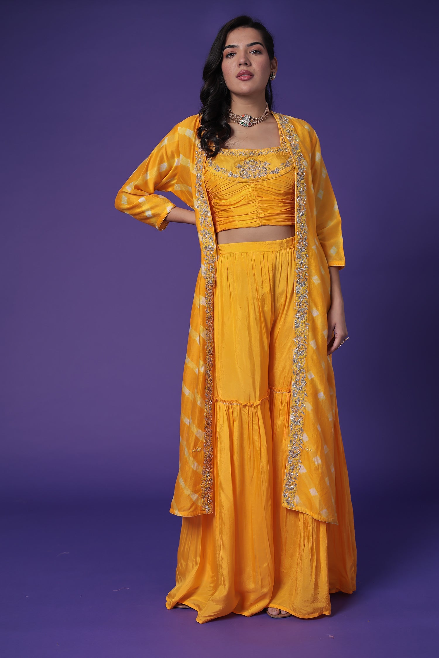 Leheriya Jacket Style Chanderi Indo Western with Embroidered Blouse