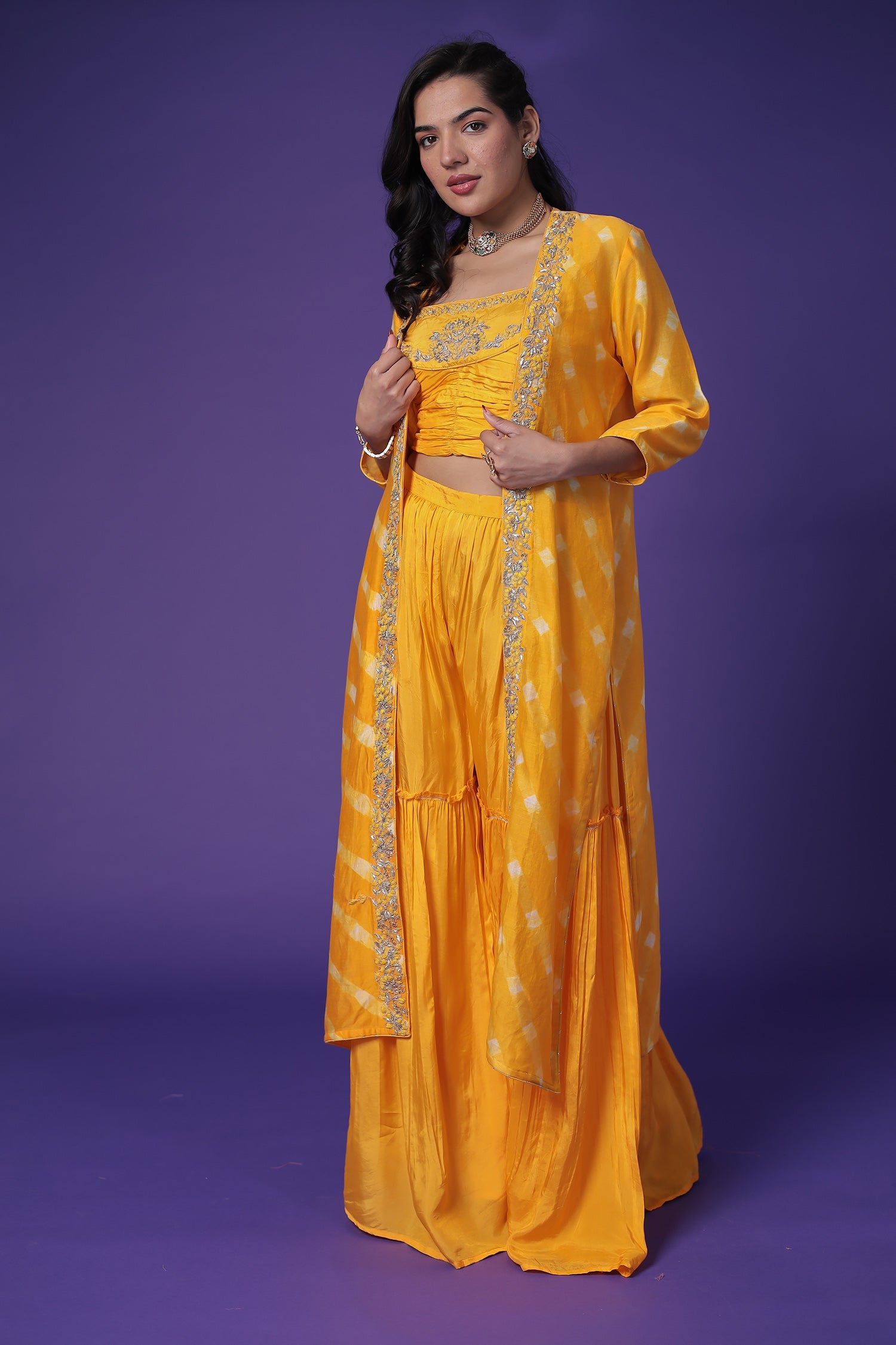 Leheriya Jacket Style Chanderi Indo Western with Embroidered Blouse