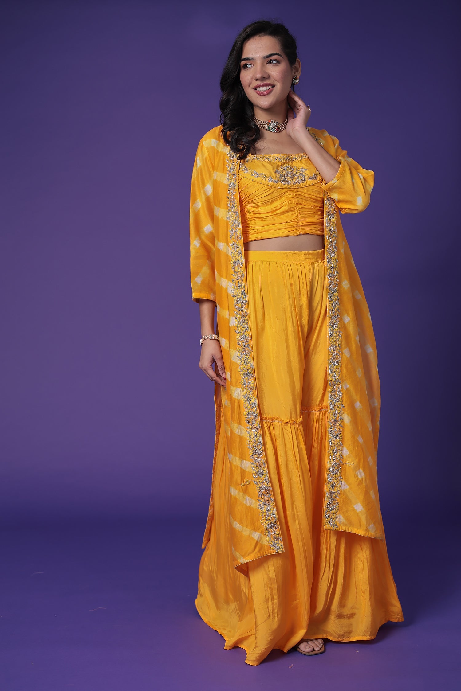 Leheriya Jacket Style Chanderi Indo Western with Embroidered Blouse