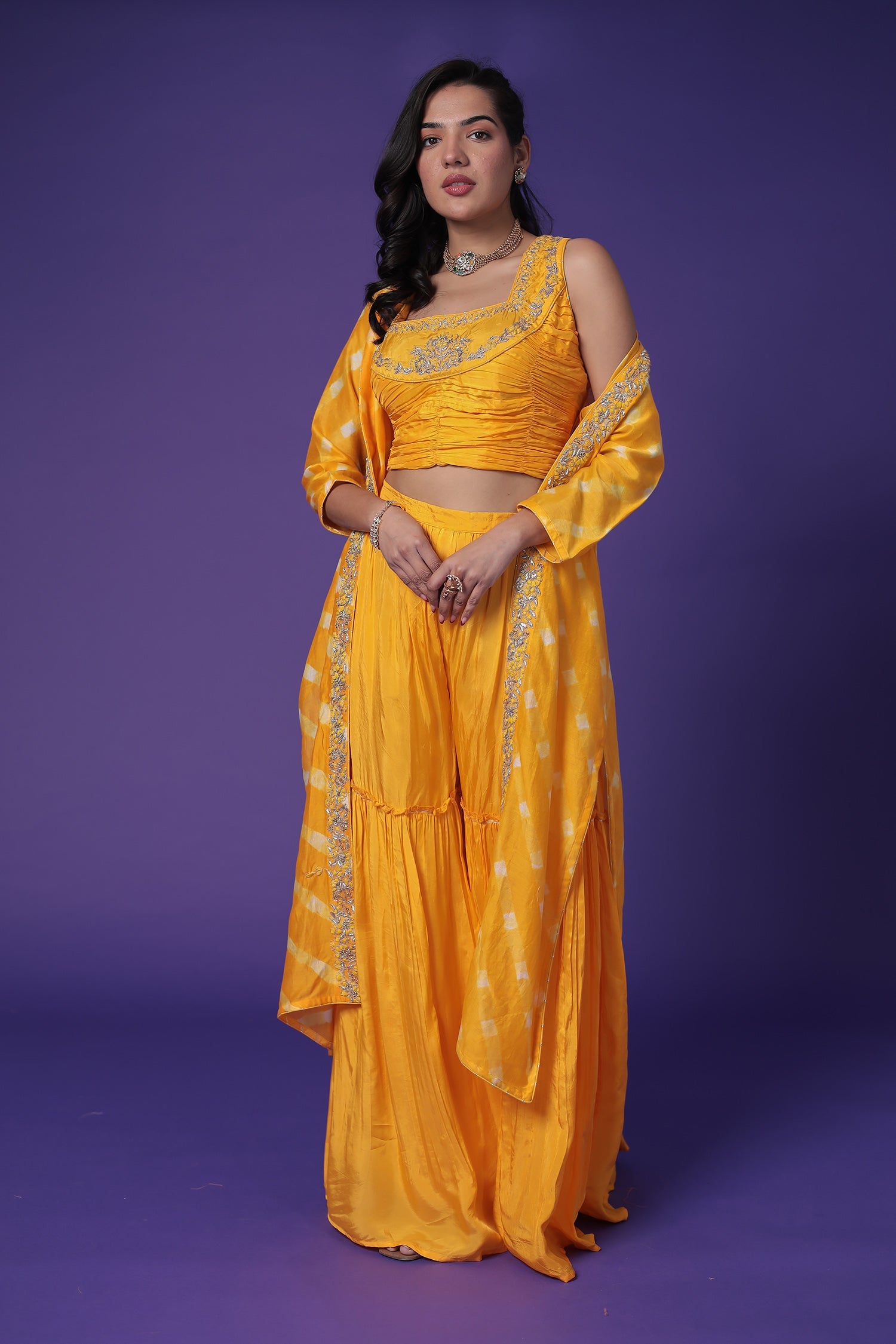 Leheriya Jacket Style Chanderi Indo Western with Embroidered Blouse