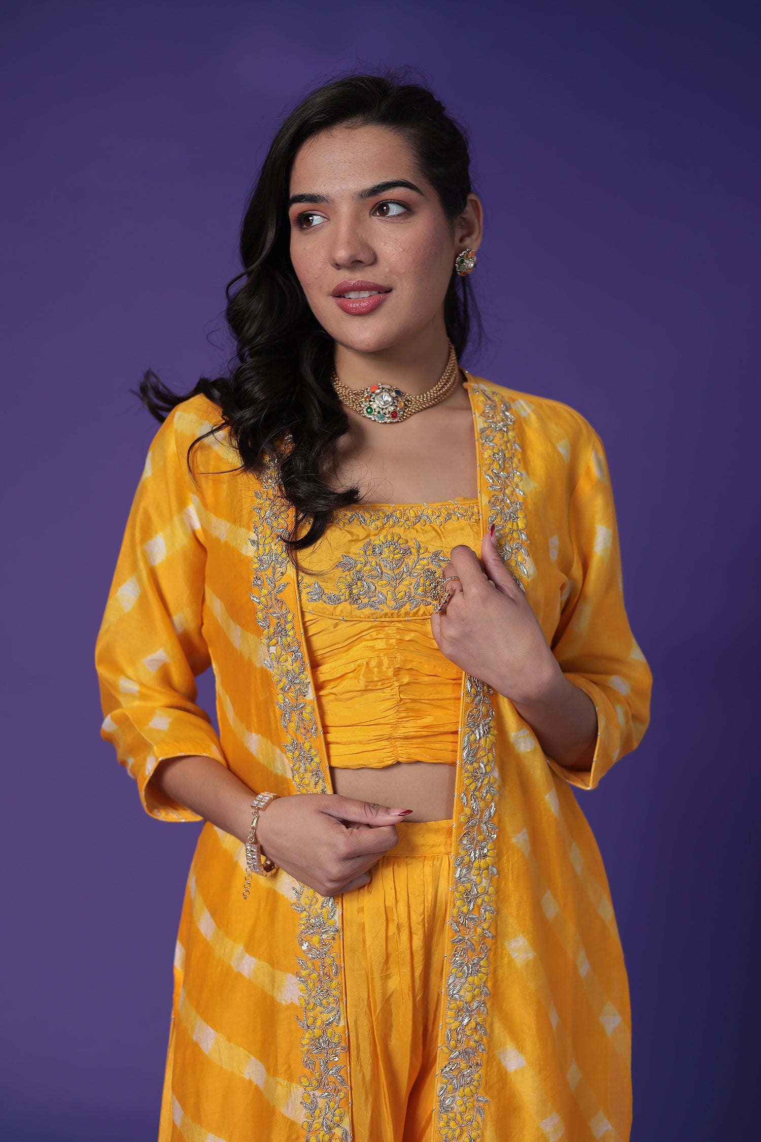 Leheriya Jacket Style Chanderi Indo Western with Embroidered Blouse