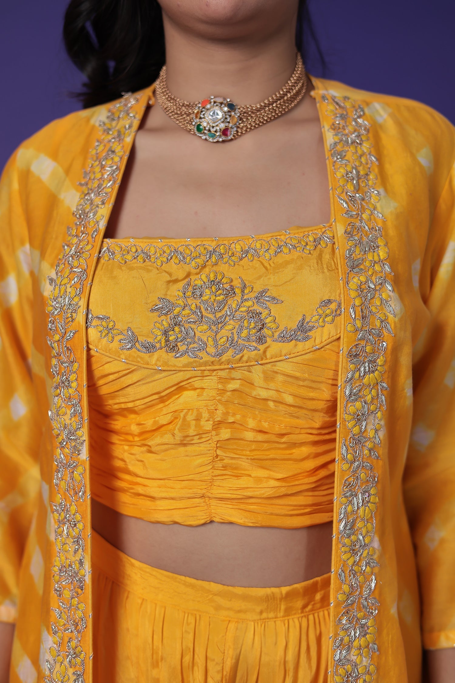 Leheriya Jacket Style Chanderi Indo Western with Embroidered Blouse