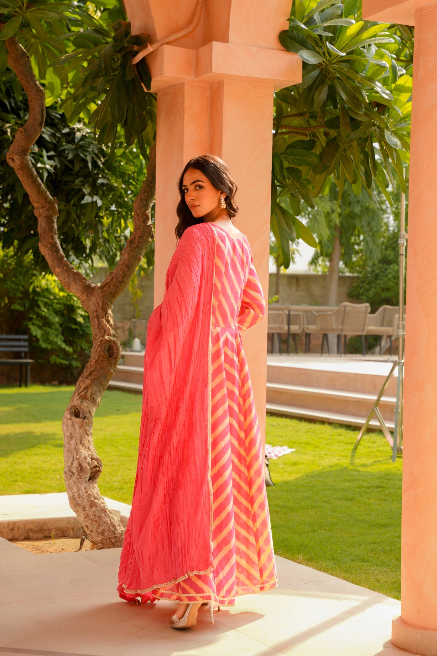 Leheriya Anarkali Chanderi Suit with Thread, Zardozi and Gota work