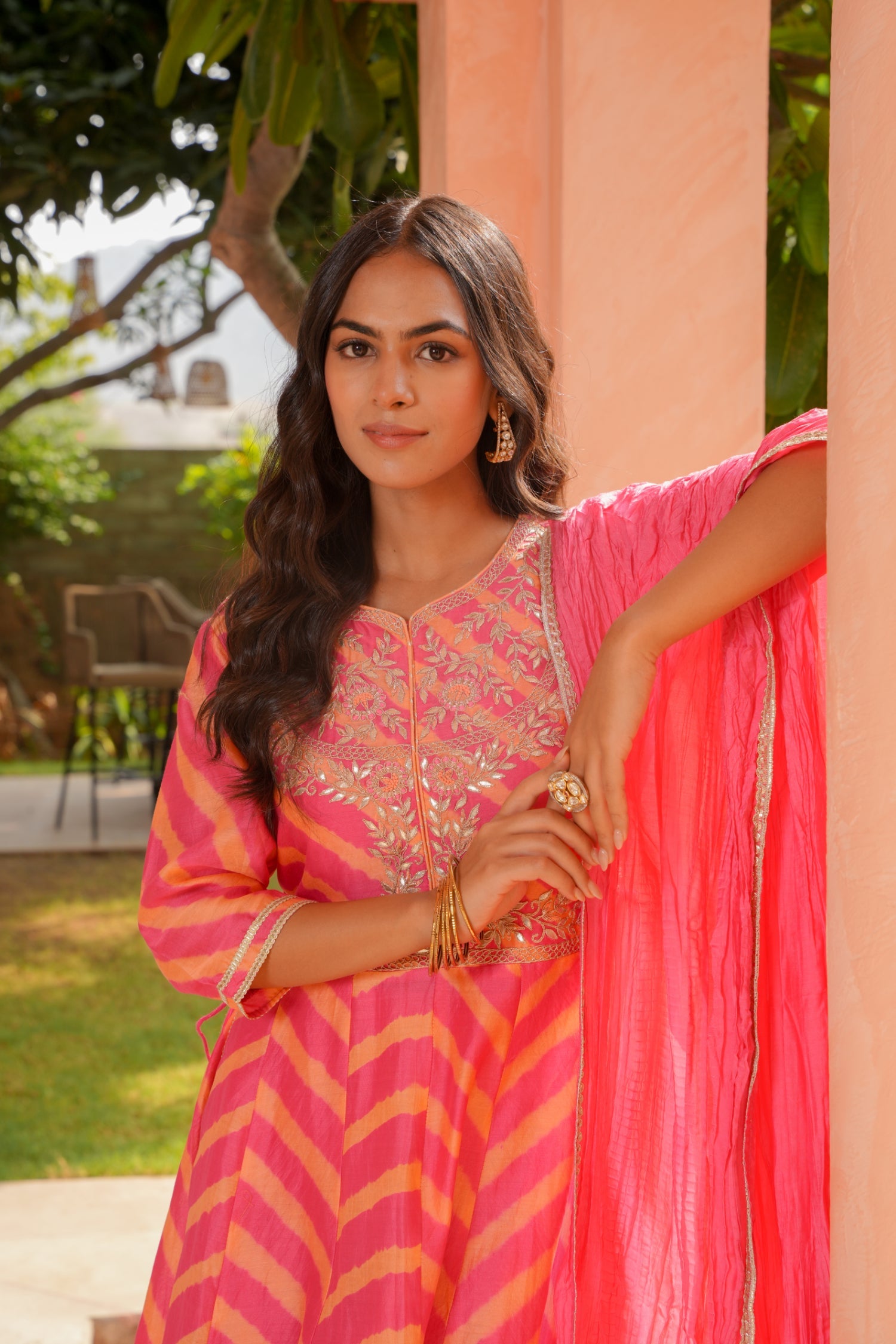 Leheriya Anarkali Chanderi Suit with Thread, Zardozi and Gota work