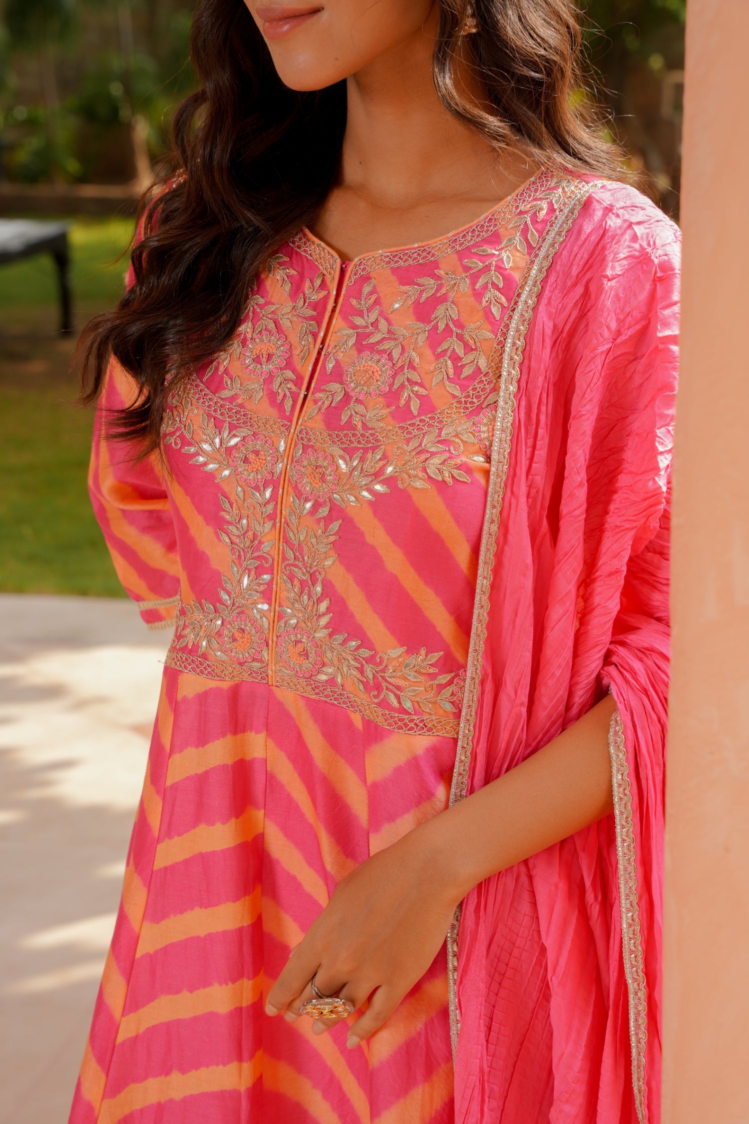 Leheriya Anarkali Chanderi Suit with Thread, Zardozi and Gota work