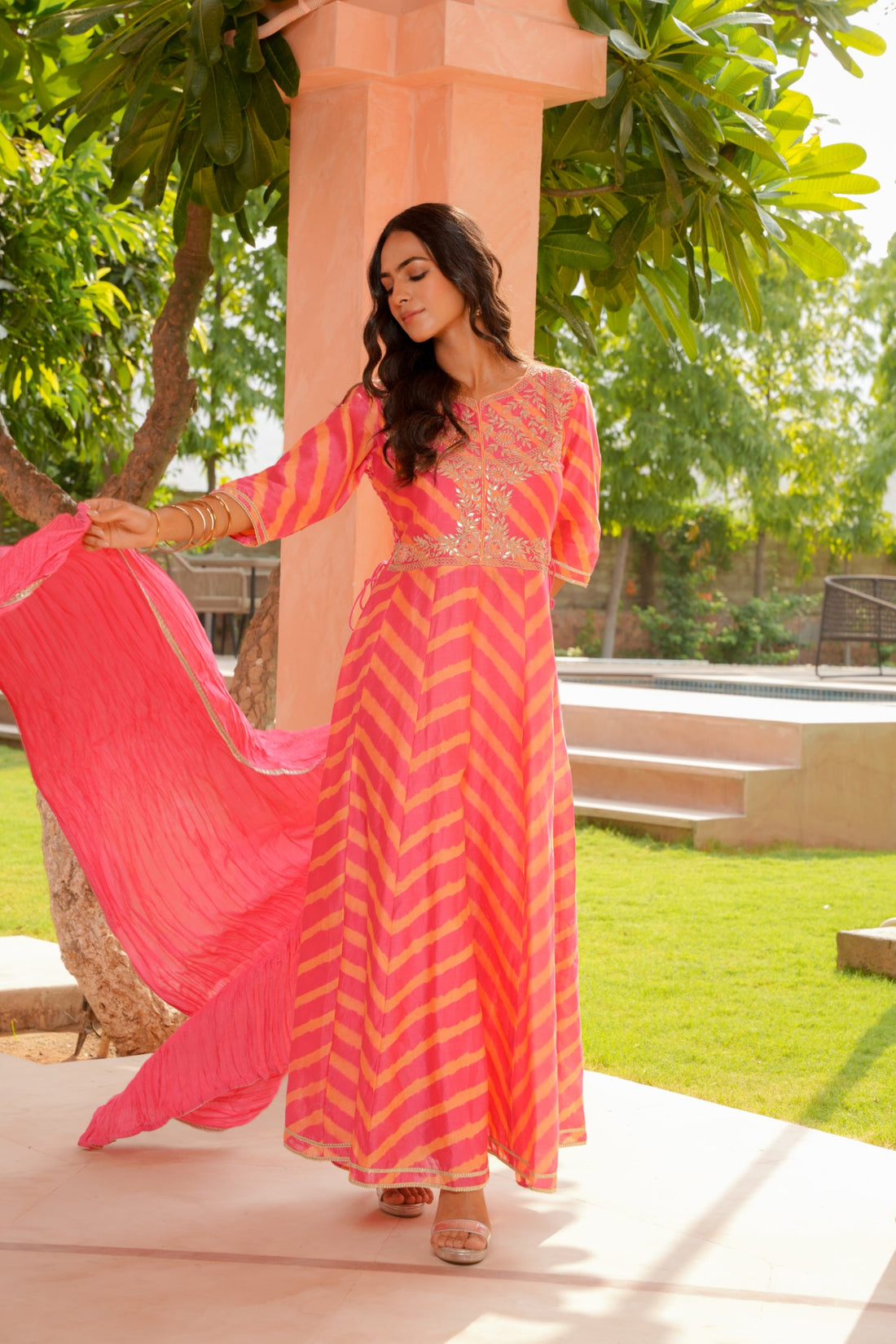 Leheriya Anarkali Chanderi Suit with Thread, Zardozi and Gota work