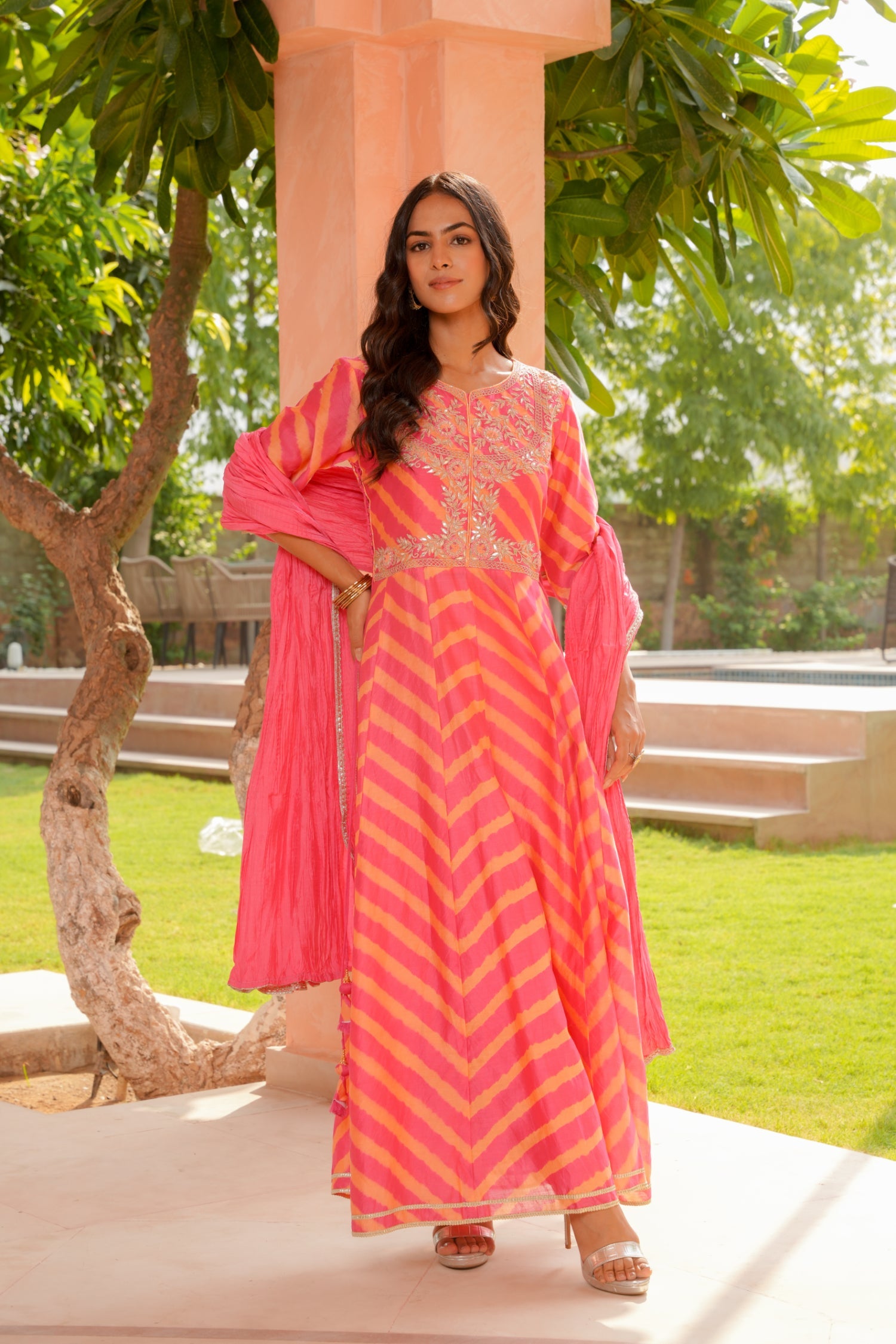 Leheriya Anarkali Chanderi Suit with Thread, Zardozi and Gota work