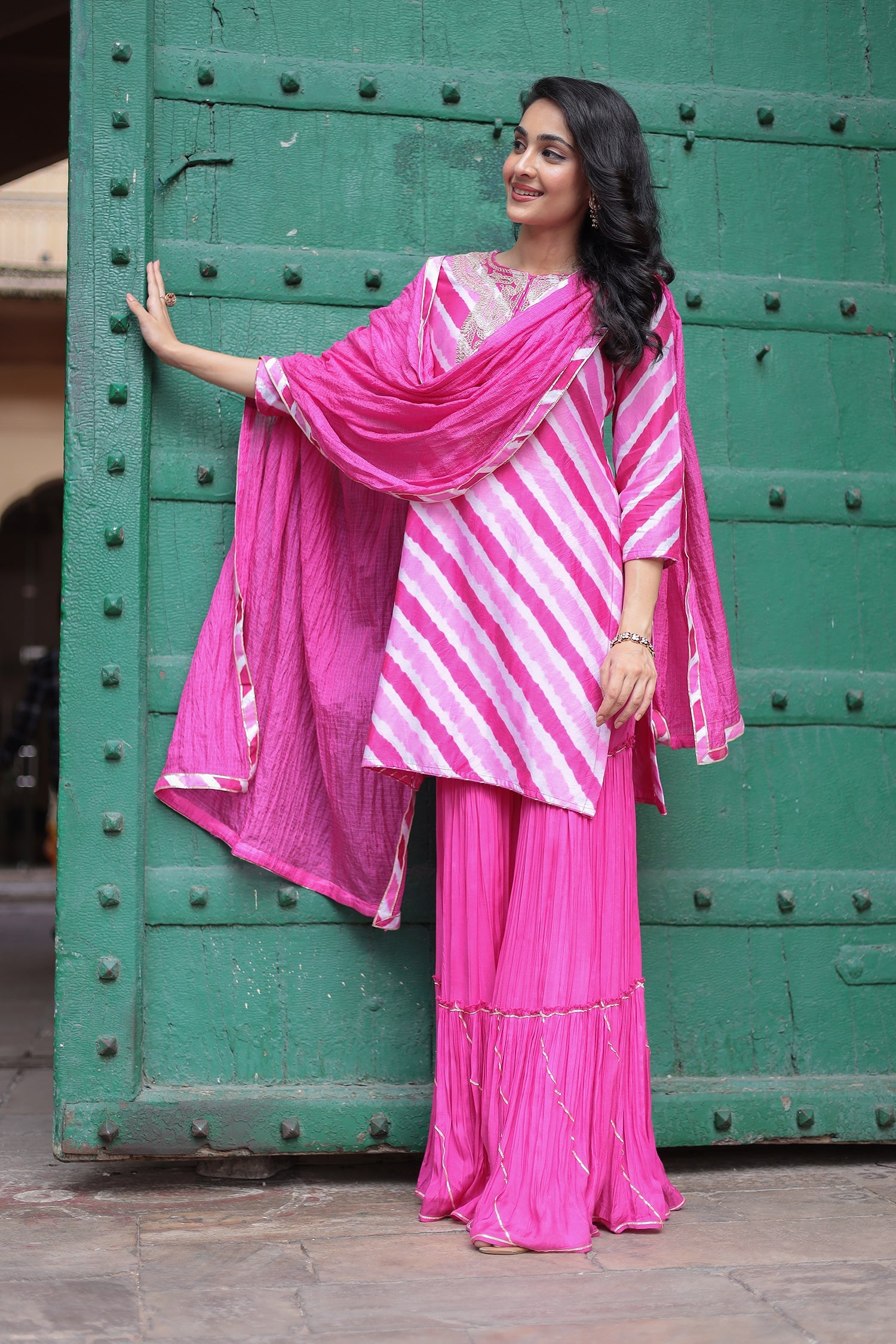 Leheriya Chanderi Sharara Suit with Dori and Zardozi work