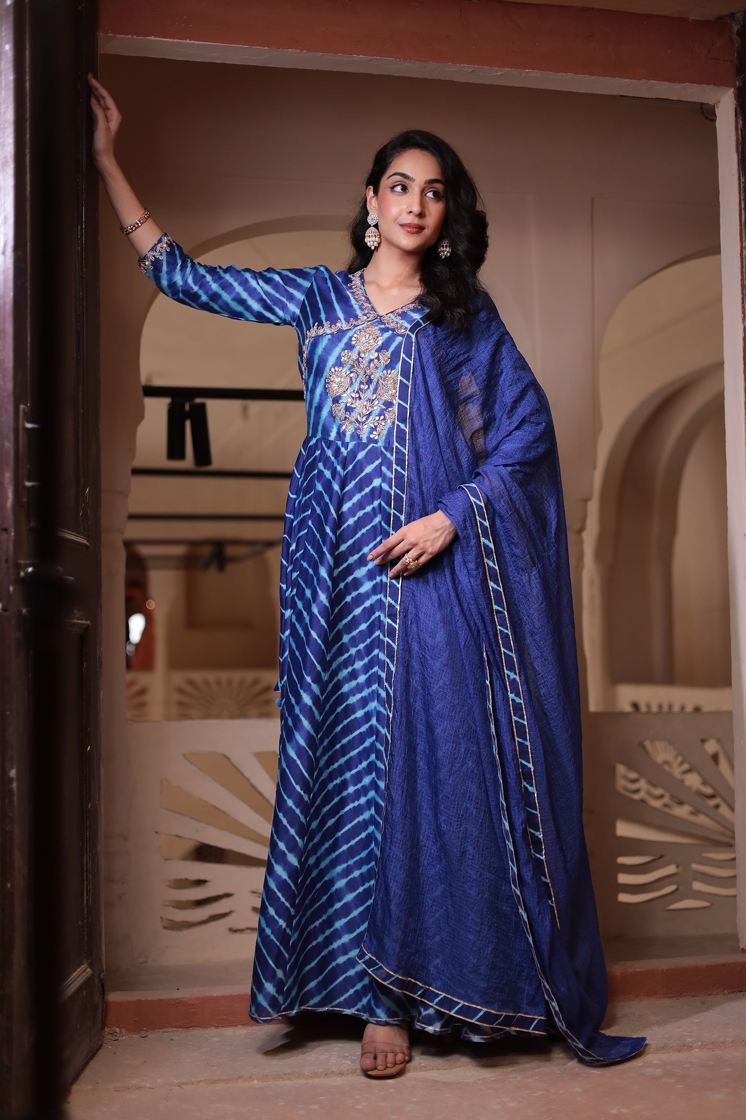 Leheriya Anarkali Chanderi Suit with Gota Patti work