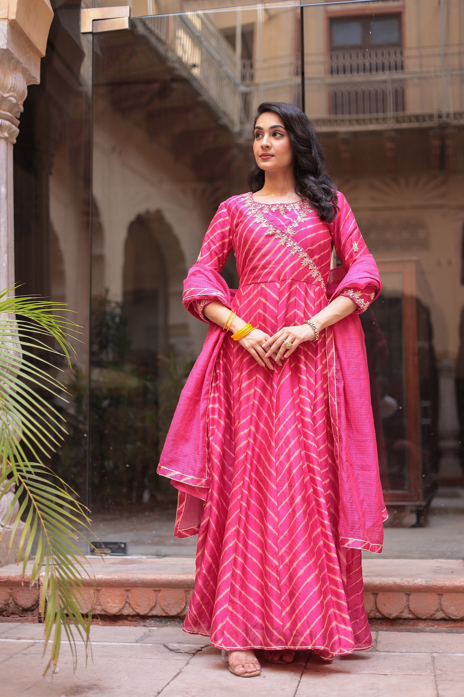 Leheriya Anarkali Chanderi Suit Embroidered with Zardozi work