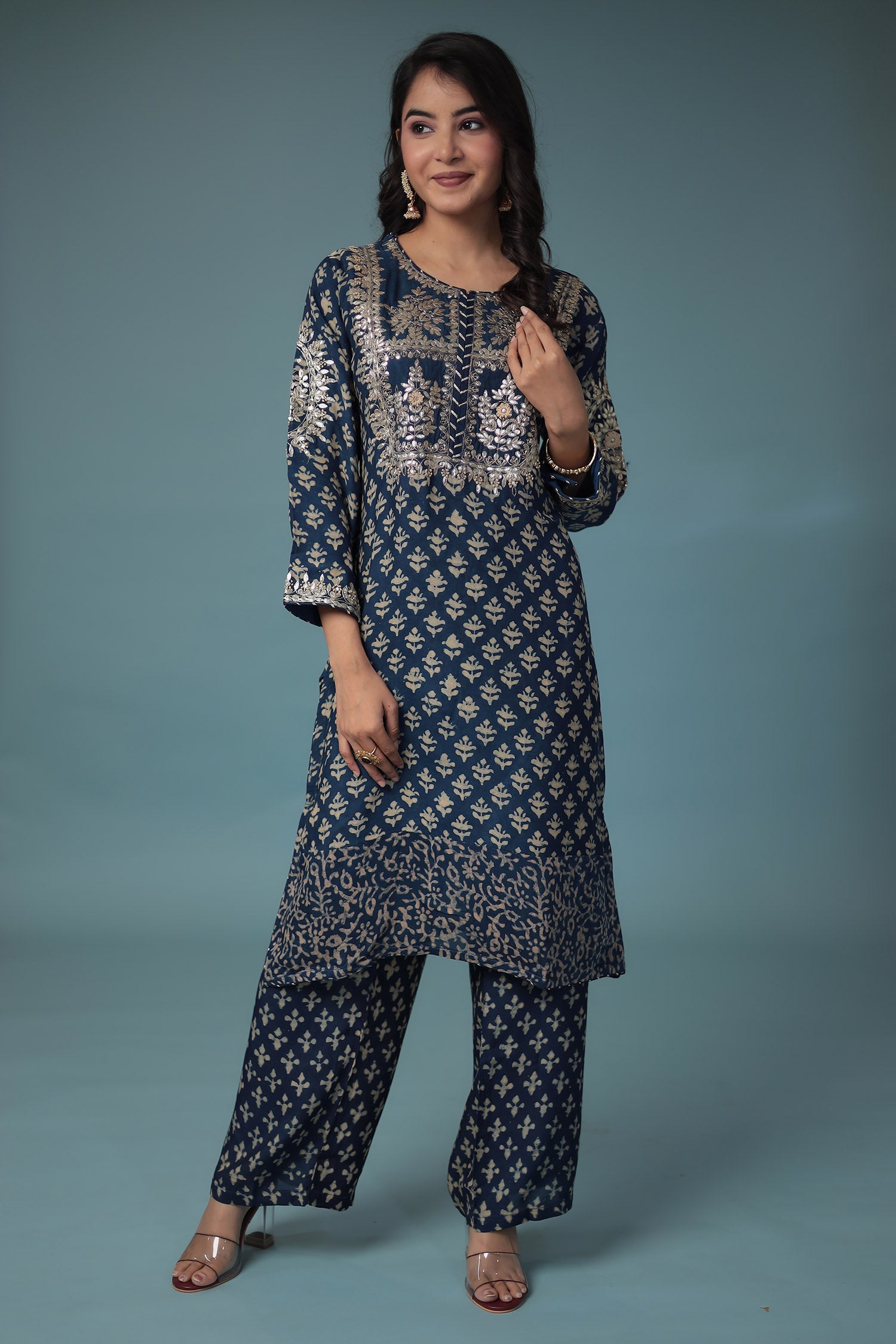 Cotton Silk Dabu Print Suit with Hand Aari work.