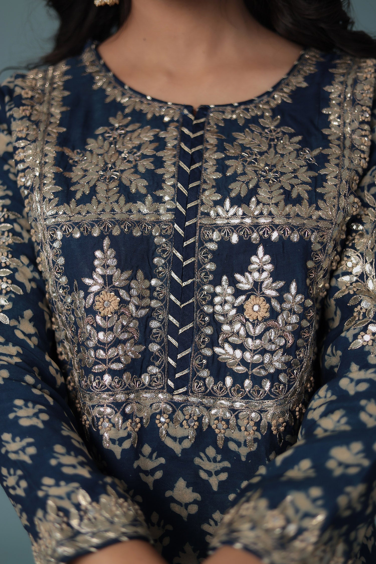 Cotton Silk Dabu Print Suit with Hand Aari work.