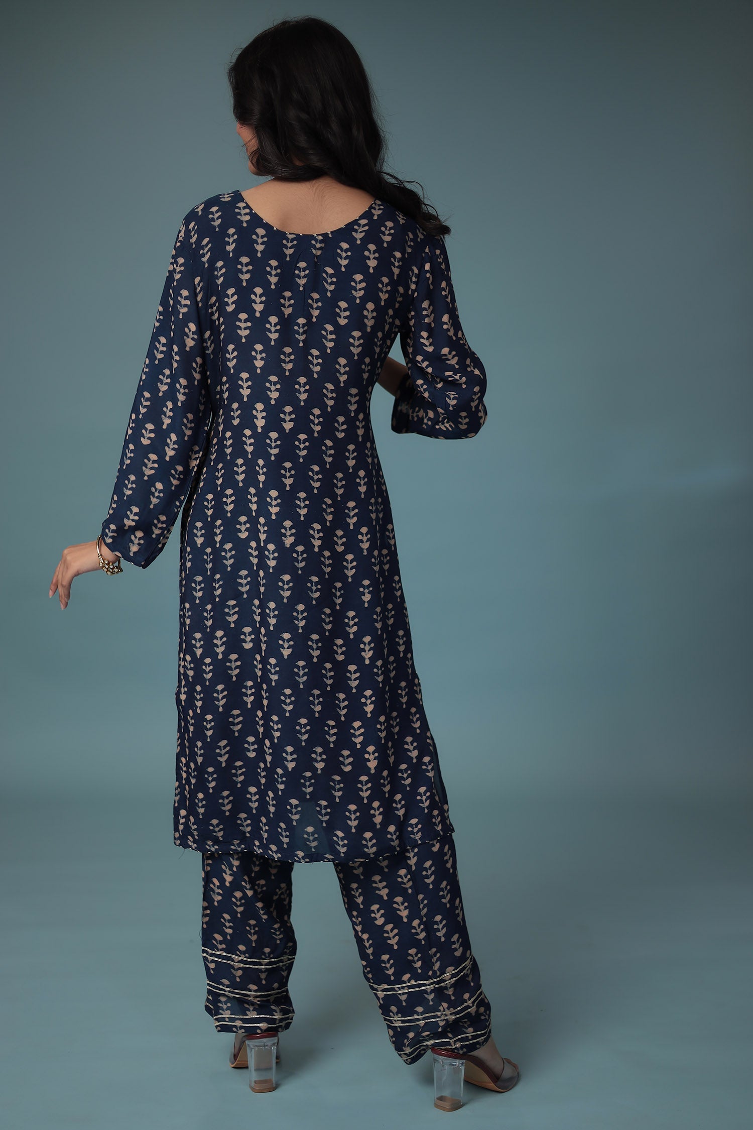 Printed Silk Suit Embroidered with Gota Patti work