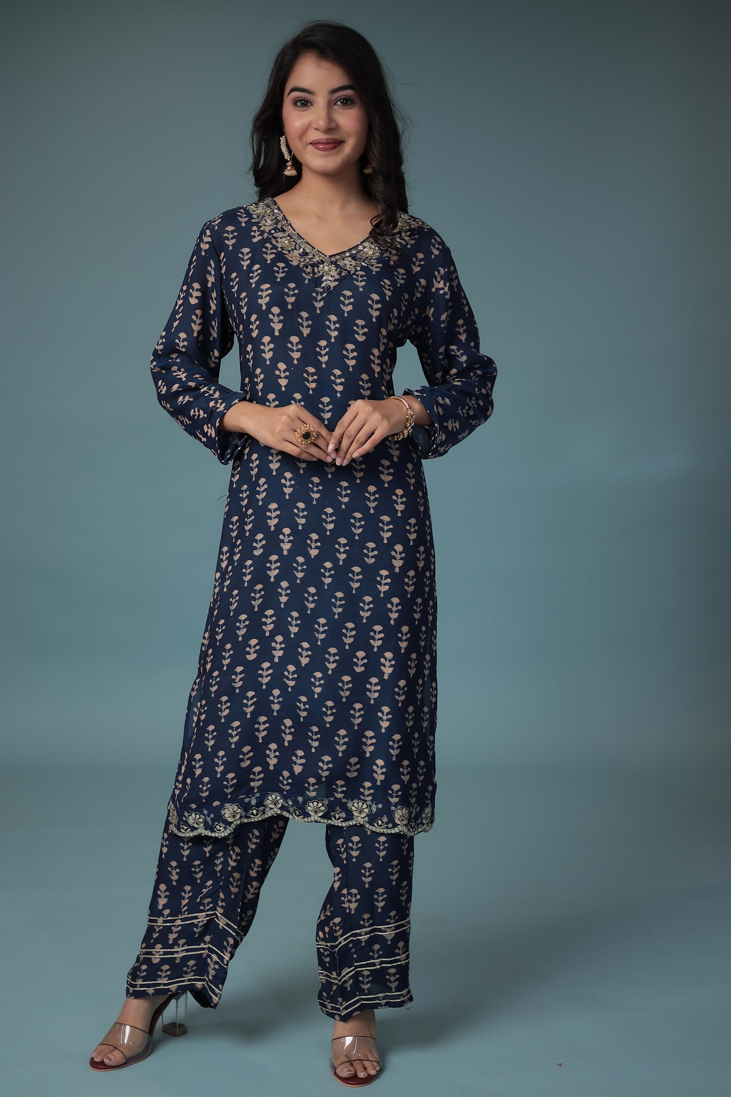 Printed Silk Suit Embroidered with Gota Patti work