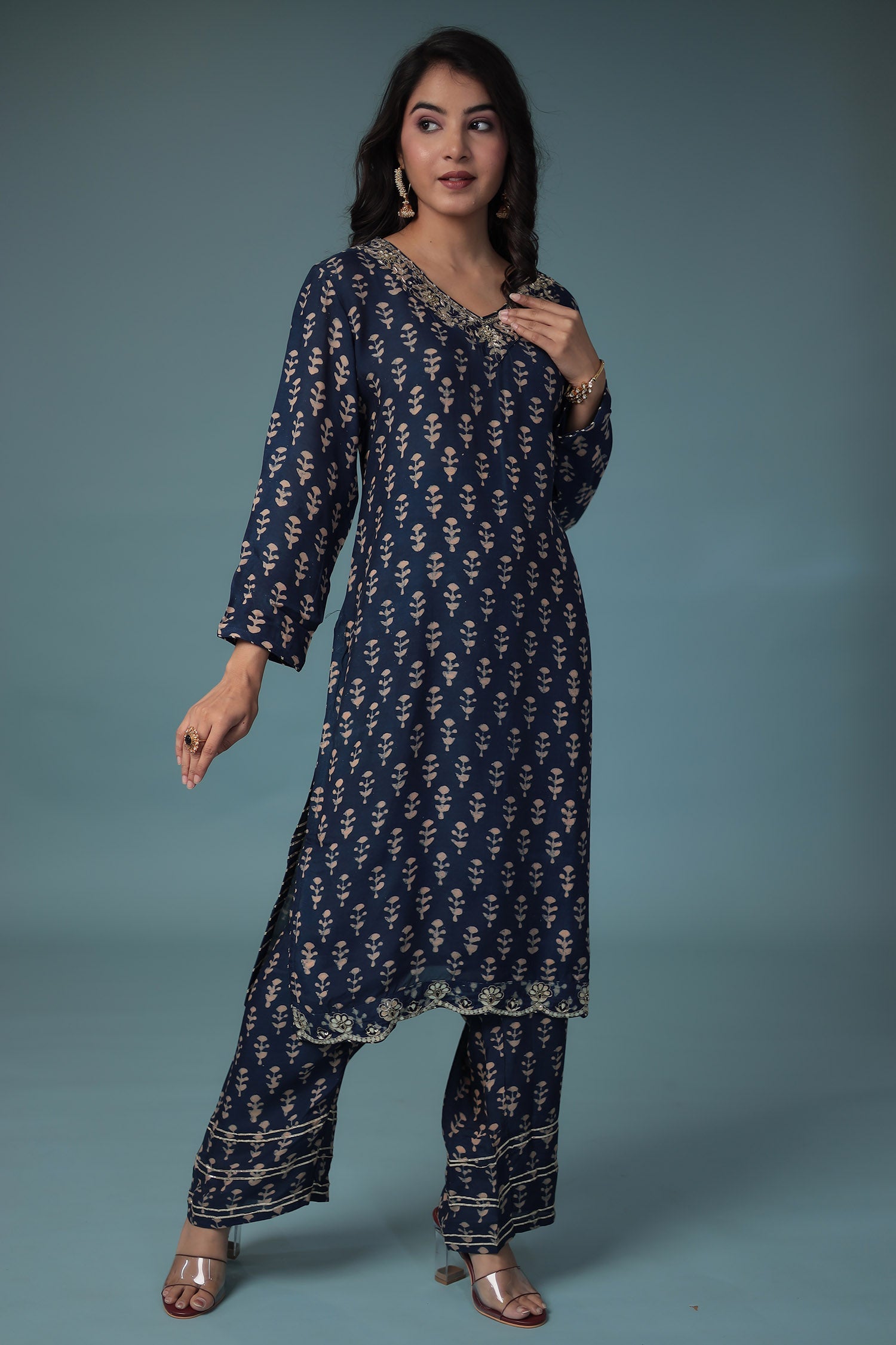 Printed Silk Suit Embroidered with Gota Patti work