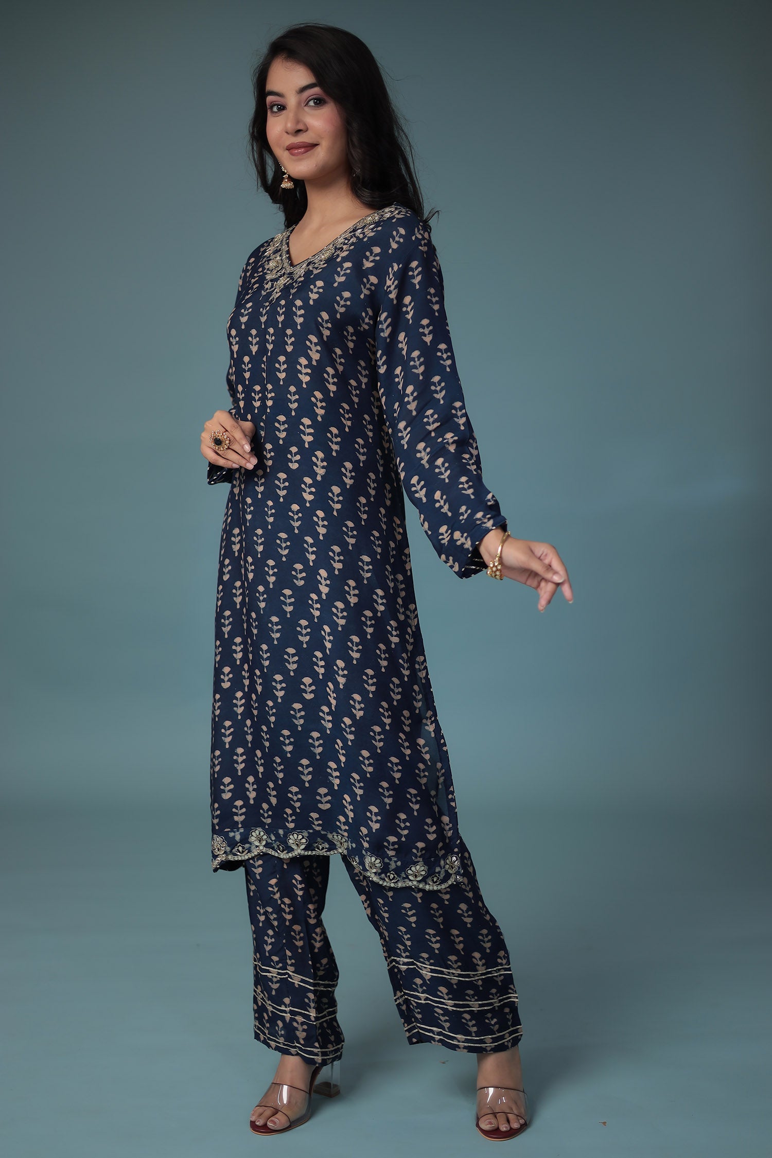 Printed Silk Suit Embroidered with Gota Patti work