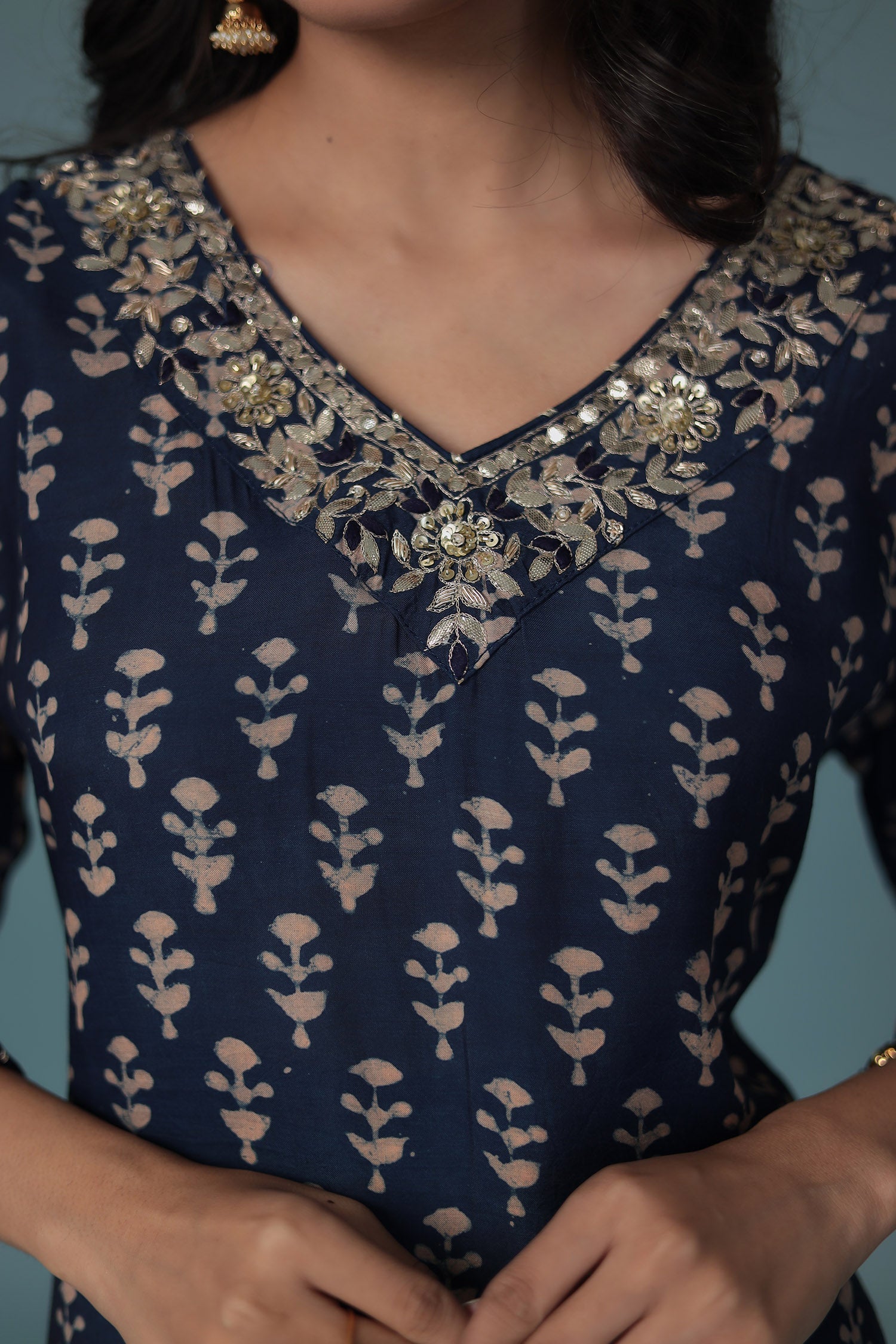 Printed Silk Suit Embroidered with Gota Patti work