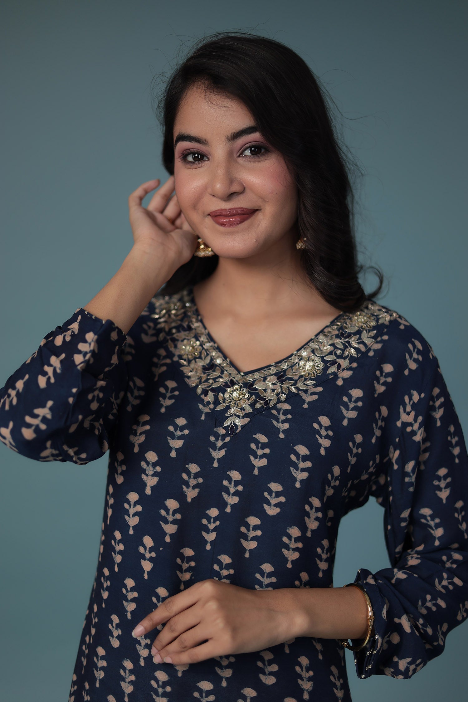 Printed Silk Suit Embroidered with Gota Patti work