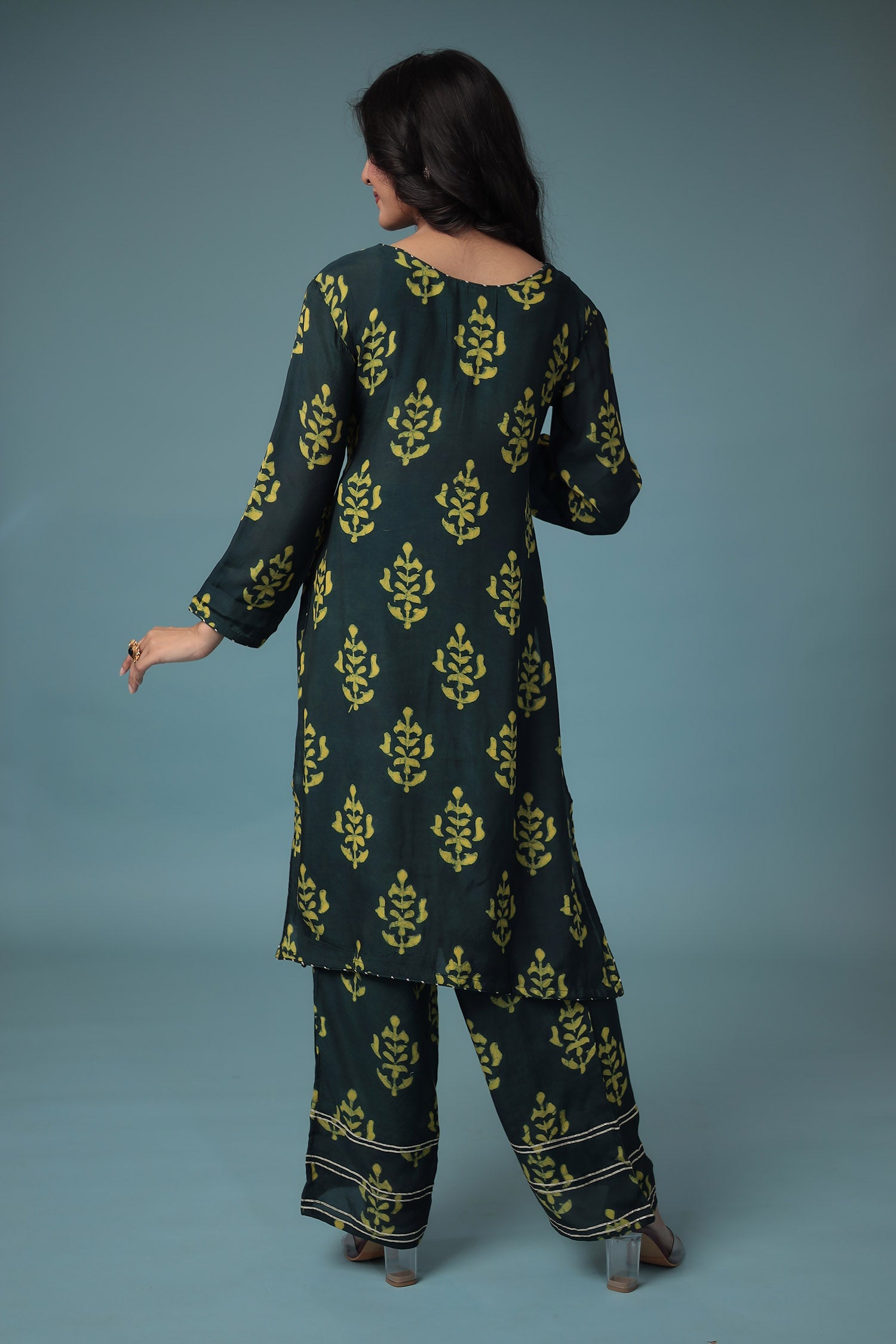 Printed Silk Suit Embroidered with Gota Patti work