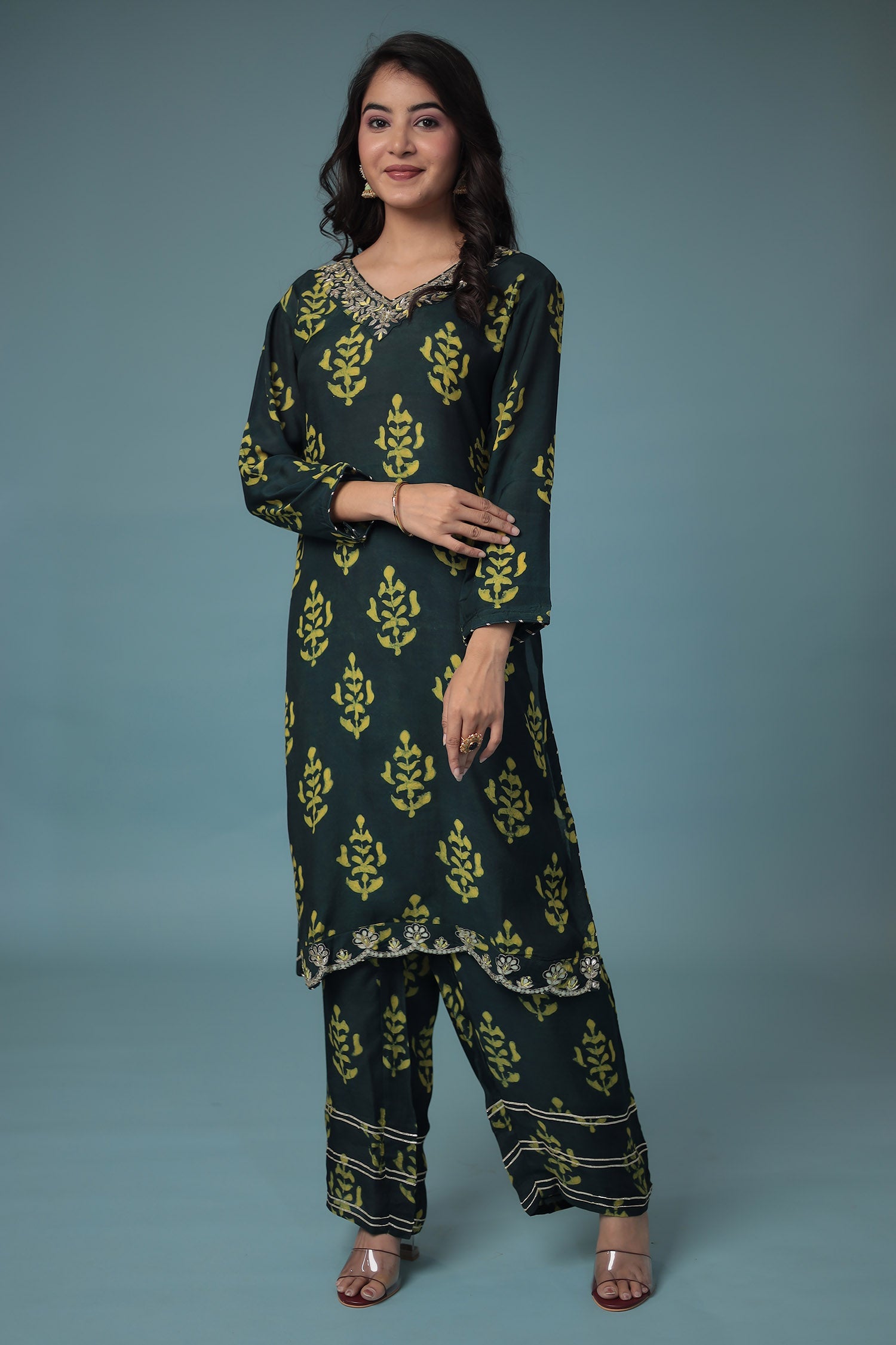Printed Silk Suit Embroidered with Gota Patti work