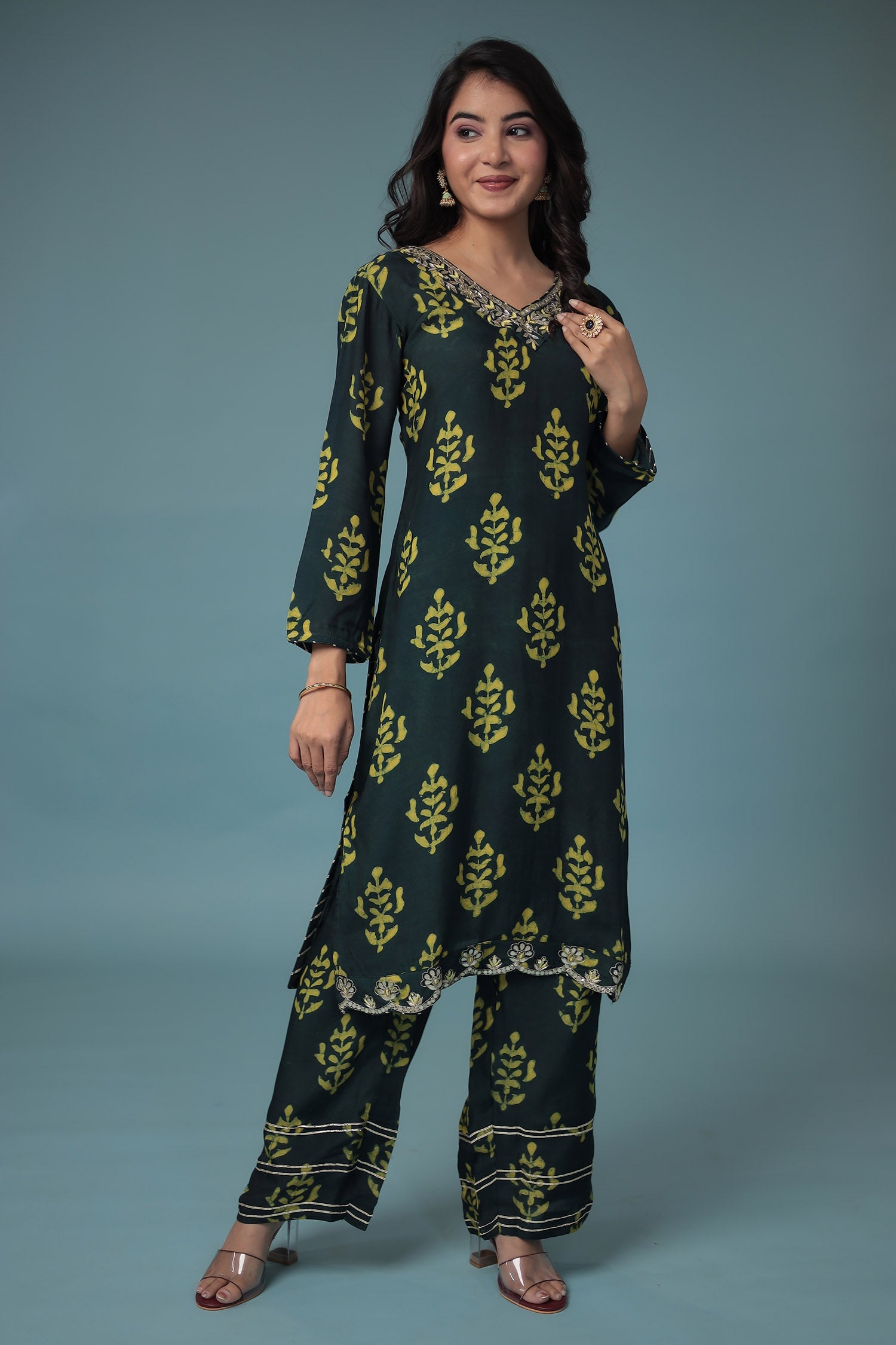 Printed Silk Suit Embroidered with Gota Patti work